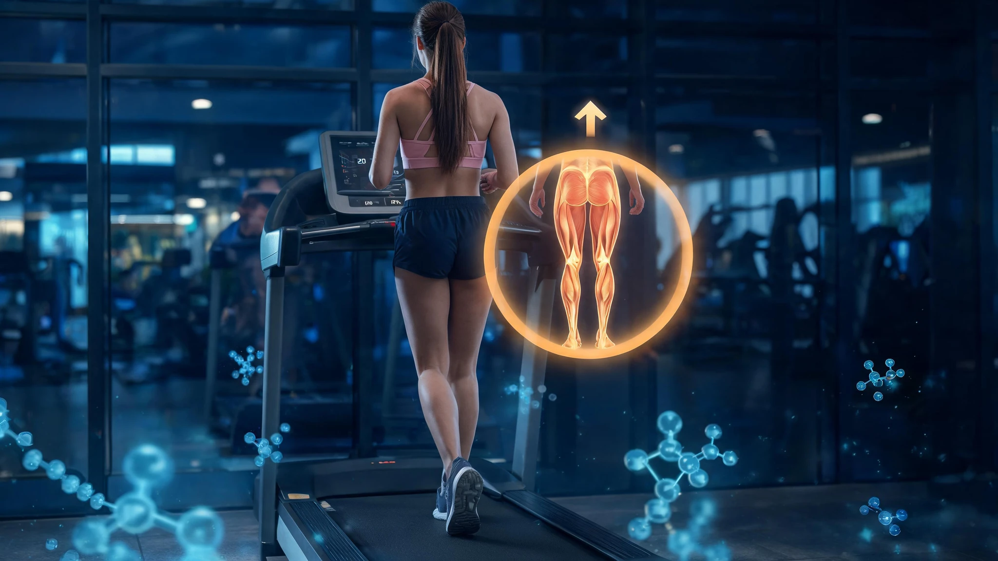 A young Caucasian woman in her late twenties with a long brunette ponytail, light olive skin, and a soft pink sports bra paired with dark navy shorts, photographed from behind as she walks on a black commercial treadmill in a modern glass-walled gym. The treadmill console glows faintly. Floating to her upper right, a circular glowing diagram of the human posterior chain shows the gluteus maximus, hamstrings, and calves illuminated in warm amber and orange anatomical detail, with a thin upward arrow indicating uphill direction. Translucent neon-blue molecular and metabolic icons drift around the lower frame, and faint percentage and heart-rate overlays hover near the treadmill display. Strip any text overlays and watermarks but keep the cinematic editorial mood. Centered composition that survives a 3:4 portrait crop