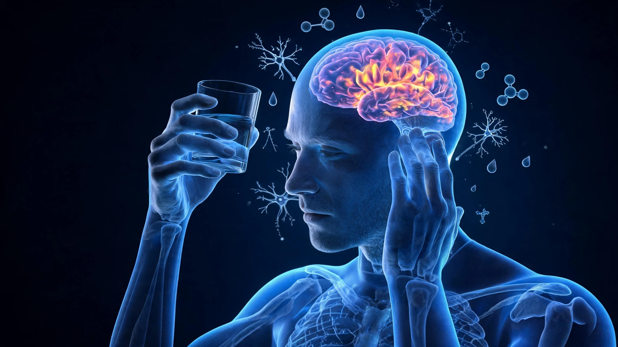 A side-profile portrait of a Caucasian man in his early 30s with a shaved head and a calm but tired expression, rendered as a translucent x-ray-style cinematic illustration. His head and torso glow in deep electric blue against a dark navy background, while his exposed brain is rendered in vivid magenta, orange, and yellow tones to suggest active neural regions. One hand is raised toward his temple, the other holds a clear glass of water near his head. Faint glowing molecular structures, neuron diagrams, and water-droplet icons float around him as scientific overlays. No text, no watermarks. Centered composition with the subject in the right two-thirds so the frame survives a 3:4 portrait crop