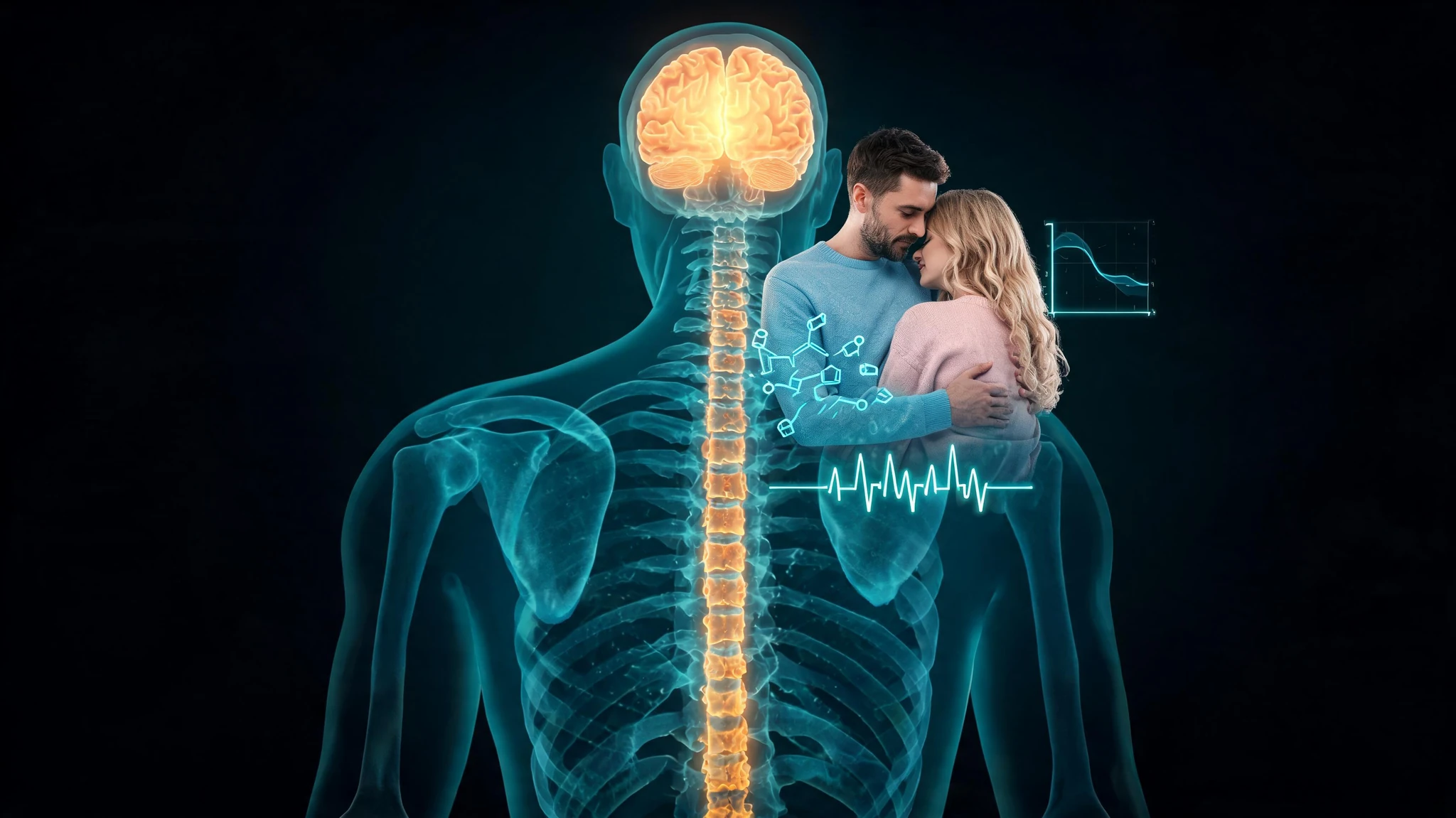 A young Caucasian man with light skin, short dark brown hair, and a trimmed beard, around 30 years old, embracing a young Caucasian woman with light skin, long blonde wavy hair, around 28 years old, both wearing soft pastel casual sweaters. Behind them, a translucent neon-cyan anatomical X-ray silhouette of a human upper body with a glowing orange brain at the top of the spine and a luminous orange spinal column glows against a deep black background. Floating around the embracing couple are subtle scientific overlays: a small glowing oxytocin molecular structure, a faint cortisol curve graph, and a soft pulse-rate waveform in cyan. The composition is centered, dramatic, and cinematic, with the embracing couple set in a small inset-style framing in the upper right corner of the anatomical figure. No text overlays, no watermarks