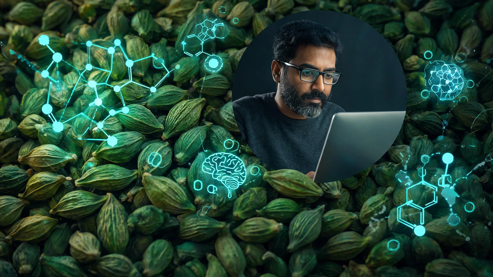 Overhead macro shot of dozens of plump green cardamom pods filling the entire frame, mirroring the source image. In the upper-right third, a circular vignette portrait of a thoughtful South Asian man in his late 30s with warm brown skin, a full dark beard with traces of grey, black-rimmed glasses, and a charcoal grey crewneck sweater, looking down in concentration at an open silver laptop. Floating glowing scientific overlays drift across the cardamom field around him: a translucent neon-teal CRP molecule diagram, faint glowing inflammatory cell icons, a thin blue brain-with-thought-bubble glyph, and a delicate molecular structure of 1,8-cineole rendered in luminous lines. Strip any text from the original. Centered composition that survives a 3:4 portrait crop
