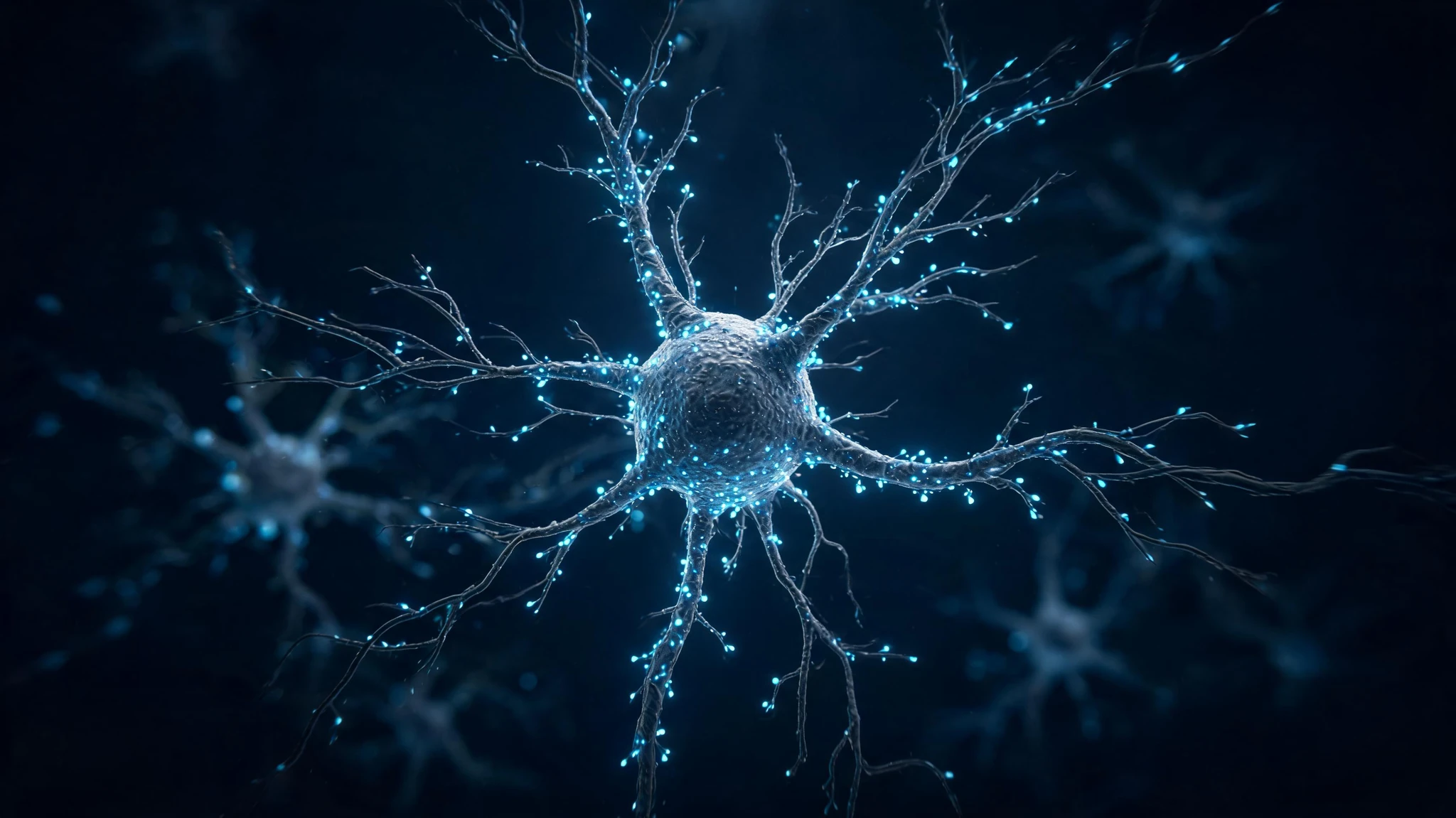 A single luminous neuron rendered in clinical 3D detail at the center of frame, with intricate silvery dendrites branching outward like delicate tree limbs against a deep navy and near-black background. Glowing neon blue and cyan synaptic points pulse along the cell body and along the dendritic tips. Softer out-of-focus neurons drift in the background, suggesting a vast neural network. No human figures, no text, no watermarks. Centered composition that holds up to a 3:4 portrait crop with the cell body anchored slightly above center