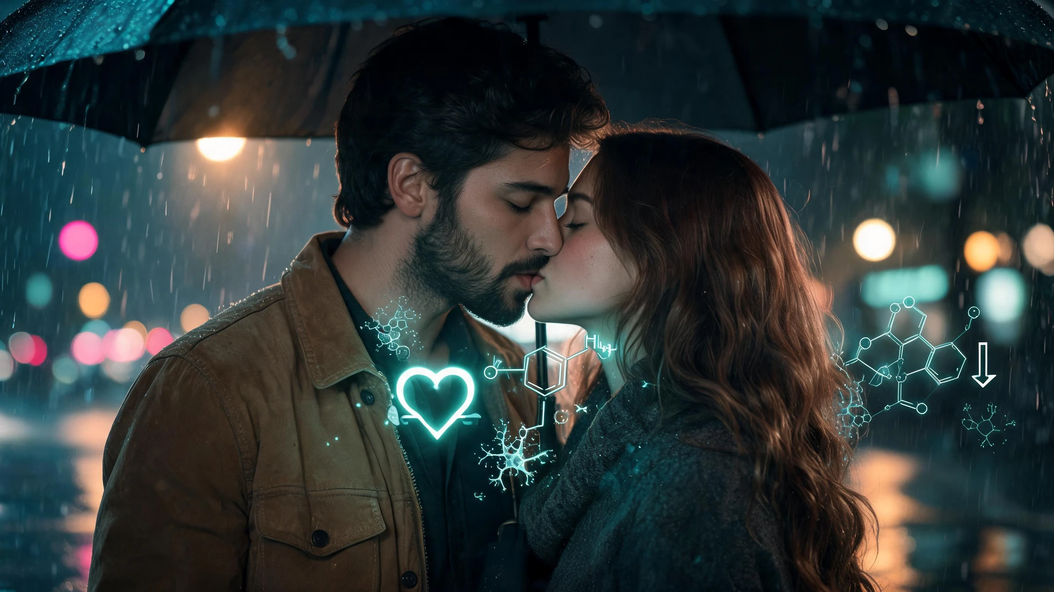 A young Caucasian heterosexual couple in their late 20s share a tender, deliberate kiss under a black umbrella on a rainy city street at night. The man has dark wavy brown hair, light olive skin, a short trimmed beard, and wears a warm tan suede jacket over a dark shirt. The woman has long wavy chestnut-brown hair, fair skin with a soft natural blush, and wears a charcoal sweater. Their eyes are closed; raindrops streak through the air around them. Floating around the couple are glowing translucent scientific overlays in soft teal and warm amber: a stylized heart shape made of light, a faint oxytocin molecule diagram, a delicate cortisol structure with a downward arrow, and small pulsing neuron cluster icons. Background bokeh of magenta, amber, and teal city lights. No text, no watermarks. Centered composition that survives a 3:4 portrait crop