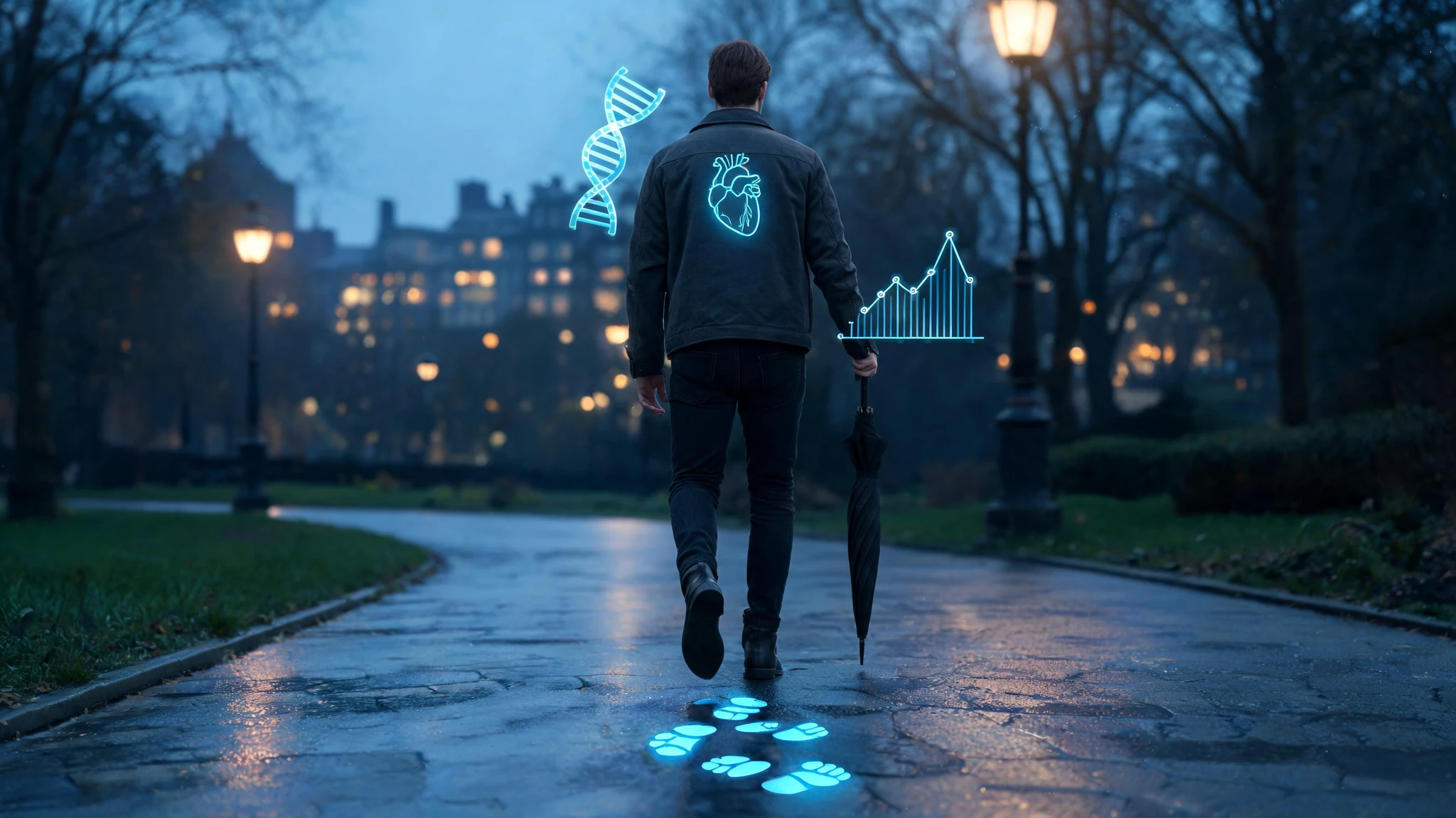 A solitary Caucasian man in his late 30s, fair skin, dark brown hair, walking away from the camera through a city park at dusk. He wears a charcoal jacket, dark slim jeans, and black leather boots, carrying a closed black umbrella in his right hand. The composition is a low-angle rear shot from waist height, his stride frozen mid-step over a paved path that catches a wet sheen from streetlamp glow. Behind him, soft amber and warm-white bokeh from old-fashioned park lanterns and distant city windows fills the background, with silhouetted lampposts and the suggestion of a low European-style skyline. Floating around the figure are stylized neon-blue scientific overlays: a faint anatomical heart icon, a thin DNA double helix curling near his shoulder, a glowing line graph trending downward labeled with subtle tick marks, and a translucent footprint trail glowing along the ground behind his boots
