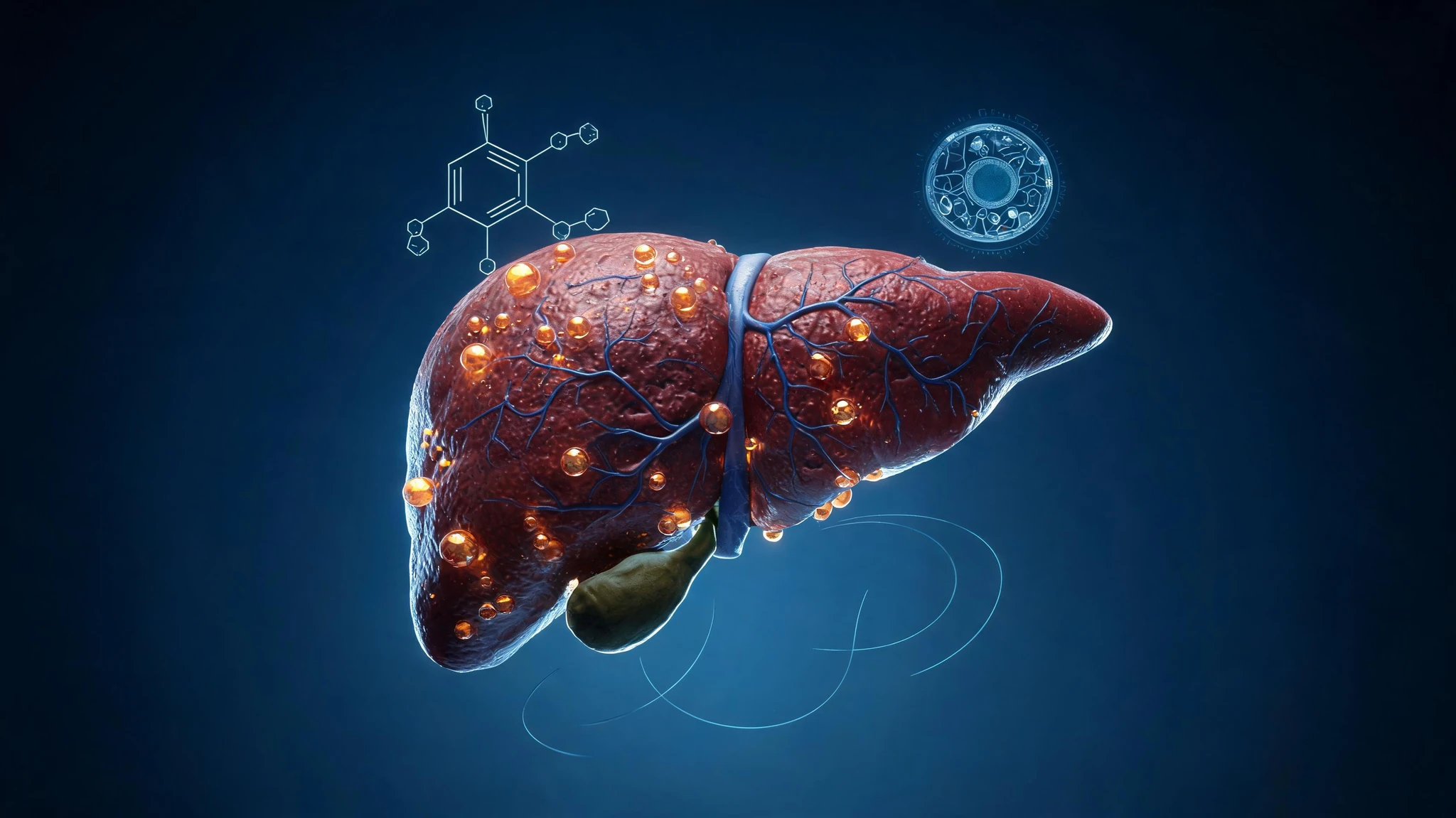 A photorealistic anatomical 3D render of a human liver and gallbladder, deep red-brown with subtle vein detail, partially encrusted with glossy golden-amber droplets that read as fat globules clinging to the surface. Around the liver, faint glowing scientific overlays float in the background: molecular structures of fructose, a stylized hepatocyte cross-section, and thin glowing lines suggesting metabolic pathways. The palette is dark cinematic with a steel-blue gradient backdrop and a single warm amber accent on the fat droplets. No text overlays, no watermarks, no logos. Centered composition that survives a 3:4 portrait crop