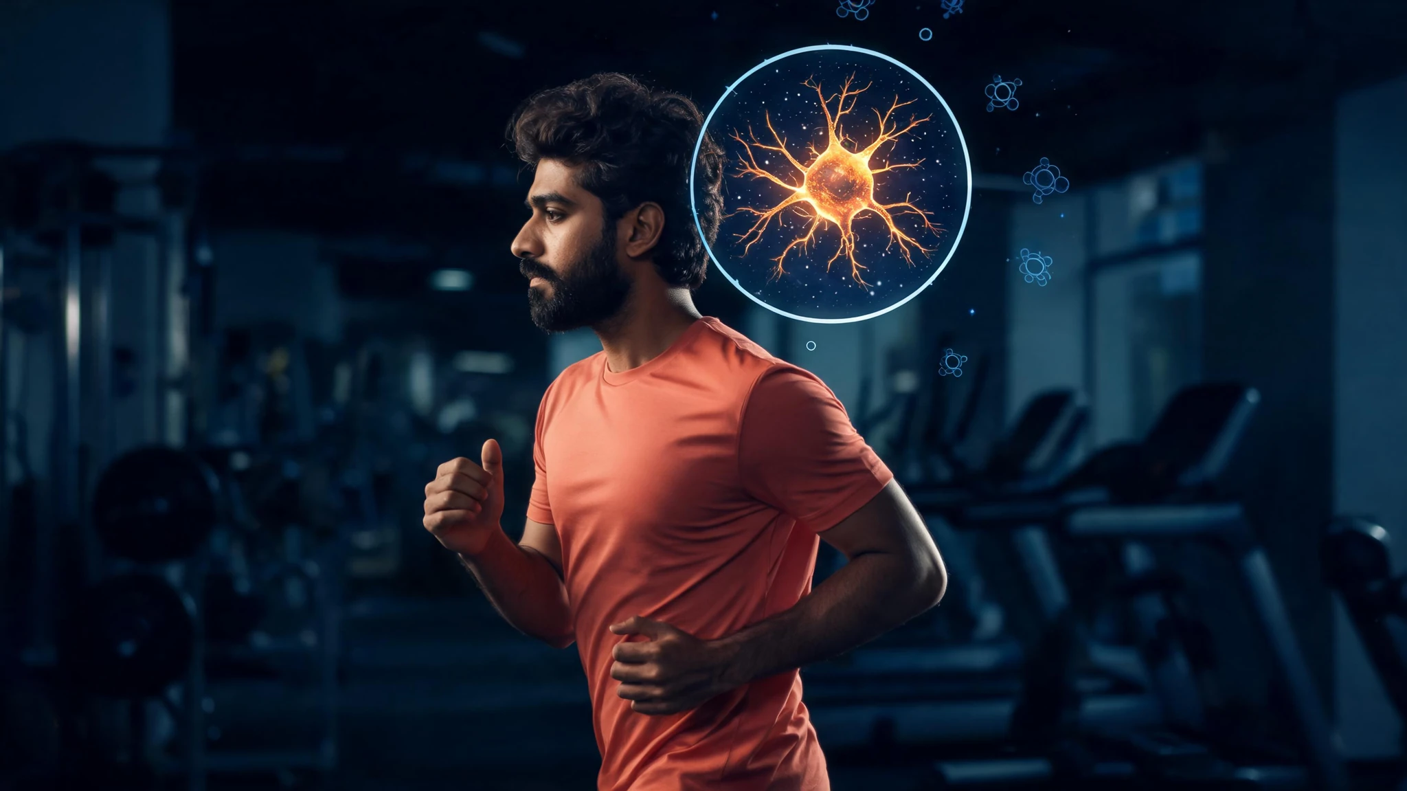 A South Asian man in his late twenties with medium-tan skin, thick dark brown wavy hair, and a full dark beard, mid-stride running in profile inside a dimly lit modern gym. He wears a fitted coral-orange short sleeve t-shirt, fists loosely closed at his sides. Floating beside his head, a glowing circular illustration of a single neuron with a fiery amber-orange cell body and bright dendrites branching against a deep navy starfield, plus a few faint blue molecular icons drifting in the background. No text, no logos, no watermarks, centered composition that survives a 3:4 portrait crop