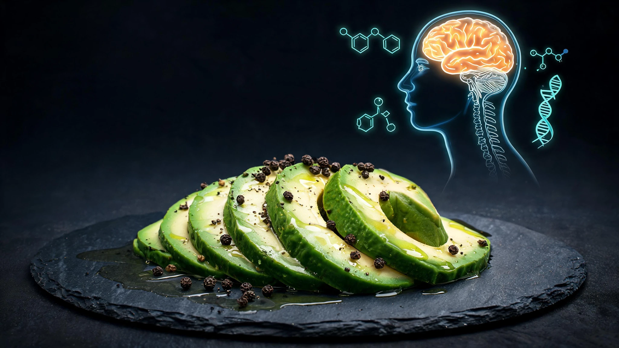 A close-up of fanned, fresh Hass avocado slices arranged in a spiral on a dark slate plate, dusted with cracked black peppercorns and a thin drizzle of olive oil. Floating above the plate to the upper right, a translucent neon-blue side-profile illustration of a human head shows a glowing amber brain core and faint anatomical lines along the spine, like a sciency overlay. Small luminous teal molecular diagrams and a faint DNA helix drift around the brain icon. No people, no text, no logos. Centered composition with the avocado spiral filling the lower two-thirds and the brain overlay floating in the upper right, framed so a 3:4 portrait crop keeps both subjects fully visible