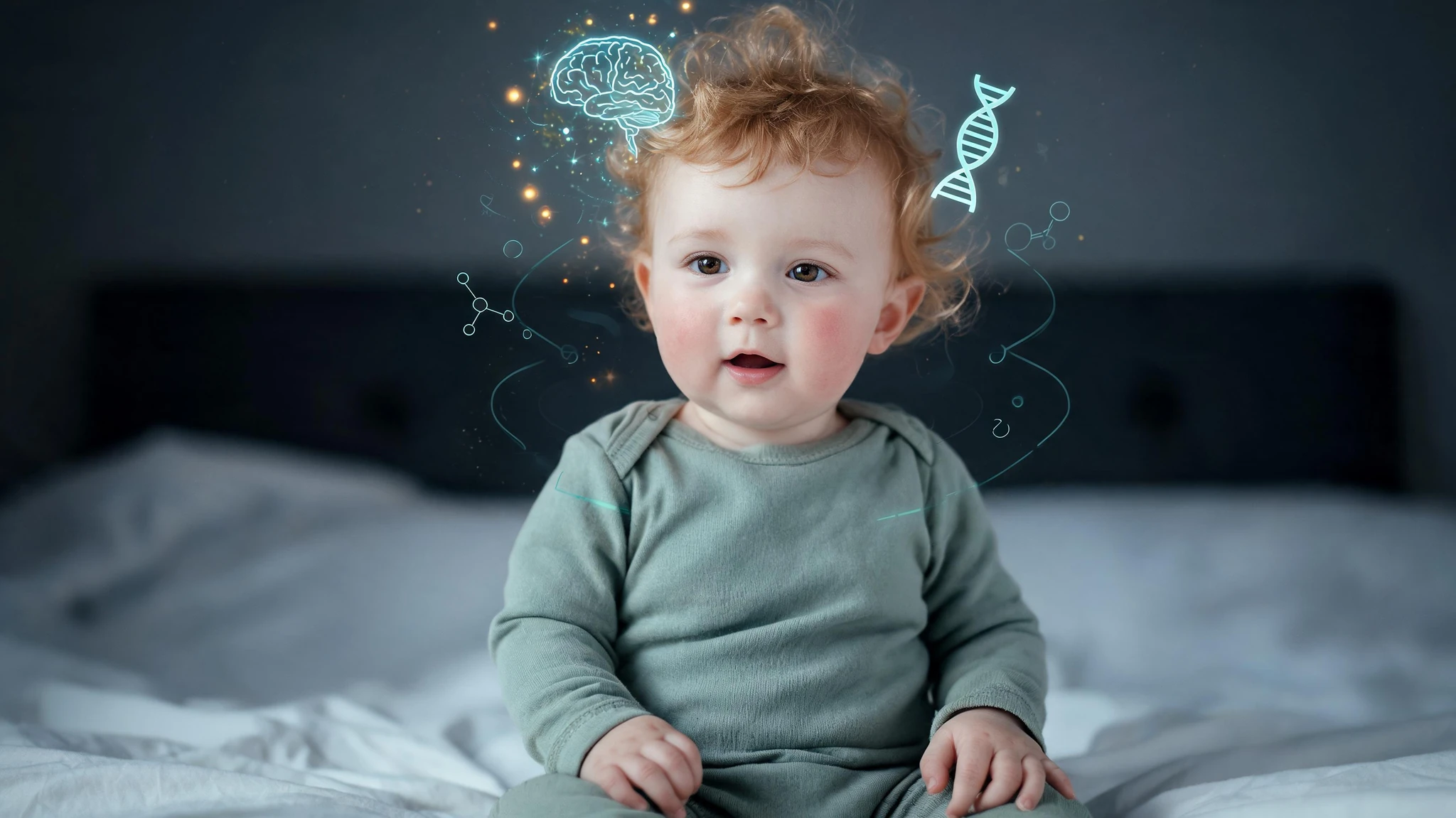 Close-up portrait of a Caucasian baby around 8 to 10 months old with light skin, rosy cheeks, large dark brown eyes, and tousled strawberry-blonde curly hair, mouth slightly open in a soft curious expression, wearing a sage green cotton onesie. The baby sits on a softly blurred bed with white linen and a charcoal headboard. Around the head float subtle glowing scientific overlays in teal and soft amber: a stylized brain icon with neuron sparks, a small DNA helix, faint floating molecular dots, and thin schematic lines suggesting social cognition pathways. Text overlays and any logos are stripped. Centered composition with breathing room above and below the head so a 3:4 portrait crop still keeps the face and overlays intact