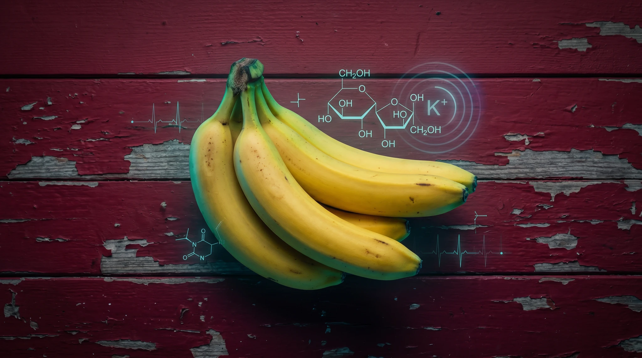 Top-down hero shot of a bunch of five ripe yellow bananas with a few small brown ripeness spots, still attached at the green-tinged crown stem, resting on a weathered deep-crimson painted wooden plank