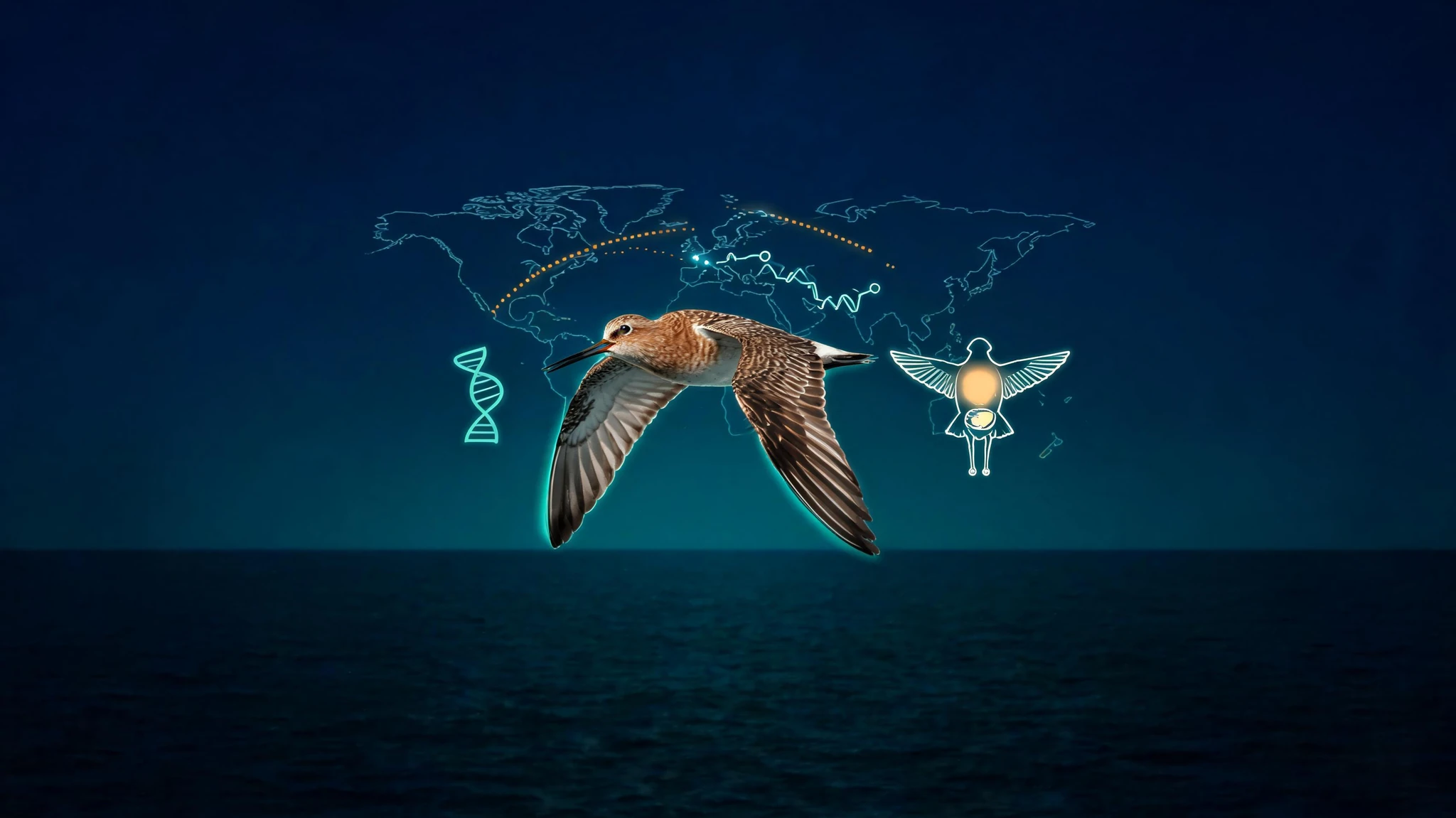 A single bar-tailed godwit in mid-flight, wings fully extended, captured against a dark navy and deep teal cinematic ocean-and-sky backdrop. The bird itself is rendered in natural plumage, warm chestnut and cream with darker streaked wings, beak slightly open, eye catching a glint of light. Floating around the bird are glowing scientific overlays in soft cyan and amber: a thin curved dotted flight path arcing across a faint stylized Pacific map outline, a glowing anatomical icon of a bird showing enlarged pectoral muscle and shrunken digestive cavity, a small DNA helix, and faint molecular structures suggesting fatty acid chains. No people in this image. Centered composition with the bird filling roughly the upper third, overlays radiating outward, ample vertical breathing room above and below so a 3:4 portrait crop holds the subject. Strip any text overlays or watermarks