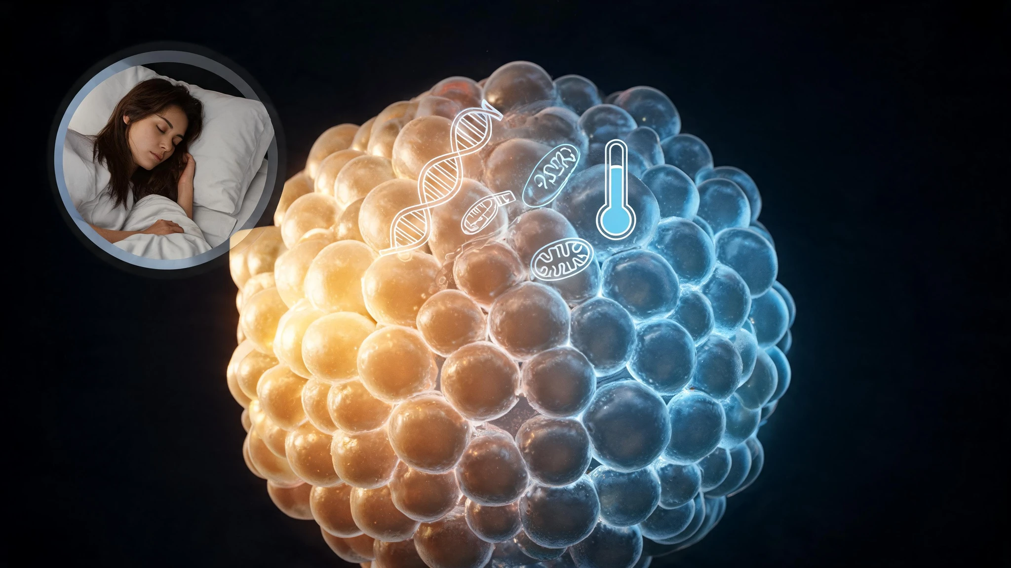 A dark cinematic close-up of a dense cluster of glowing spherical fat-cell shapes filling most of the frame, like 3D microscopy. Cells on the left glow warm cream and amber; cells on the right shift to a cold ice-blue and silver, suggesting brown adipose tissue activating in cool air. In the upper left corner, a small circular inset shows a Caucasian woman in her early thirties with light olive skin and long dark-brown hair, sleeping peacefully on a soft white pillow under a white duvet, eyes closed, calm expression. Faint glowing scientific overlays float between the cells: a thin DNA helix, mitochondria icons, a small thermometer glyph in cool blue. No text and no watermarks. Centered composition with the inset toward the top so it survives a 3:4 portrait crop