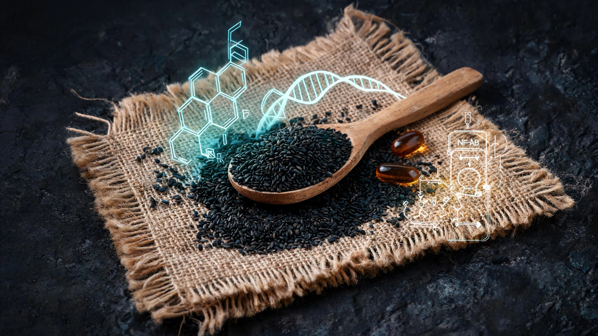 Overhead studio shot of a rustic wooden spoon overflowing with glossy jet-black Nigella sativa seeds, resting on a frayed natural-burlap cloth. Scatter additional black seeds and a few dark amber gel capsules across the burlap and onto a moody dark charcoal stone surface. Float subtle glowing scientific overlays around the spoon: a translucent thymoquinone molecular structure in cool teal-blue, a faint NF-kB pathway diagram, and a small DNA helix arc, all rendered as soft cyan and amber neon line art so the seeds remain the hero. No people, no text, no watermarks. Centered composition that survives a 3:4 portrait crop