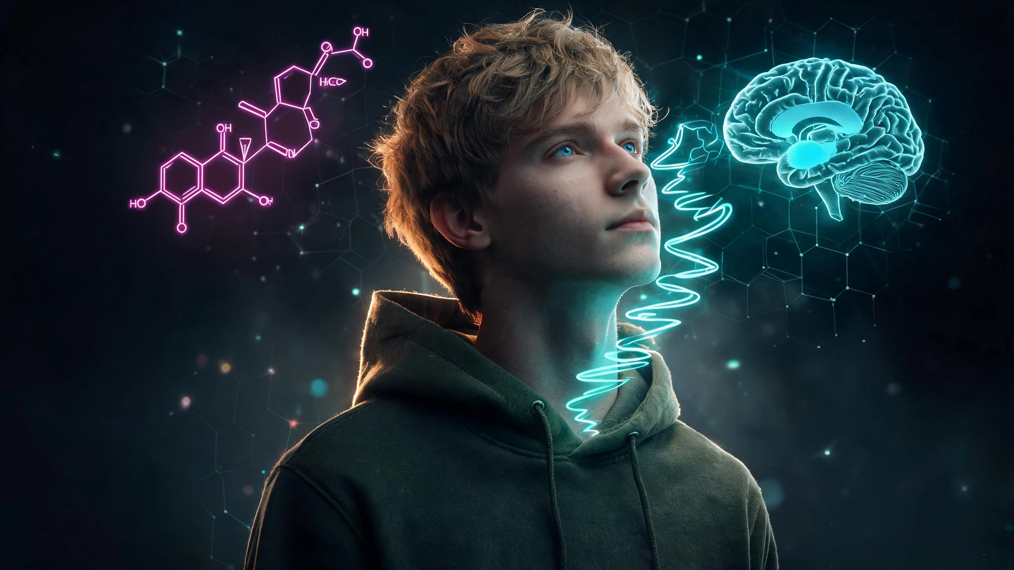 A Caucasian young man in his early twenties with tousled light brown hair and soft blue eyes, wearing an olive-green pullover hoodie, gazing thoughtfully off to one side with his hand resting near his chin. Outdoor setting with a softly blurred natural background of muted greens and overcast sky, gentle diffuse daylight on his face. Photorealistic, homemade snapshot aesthetic, shot on a phone camera with slight casual framing imperfection, subject centered so it survives a 3:4 portrait crop. No text in the image, no watermarks, no logos