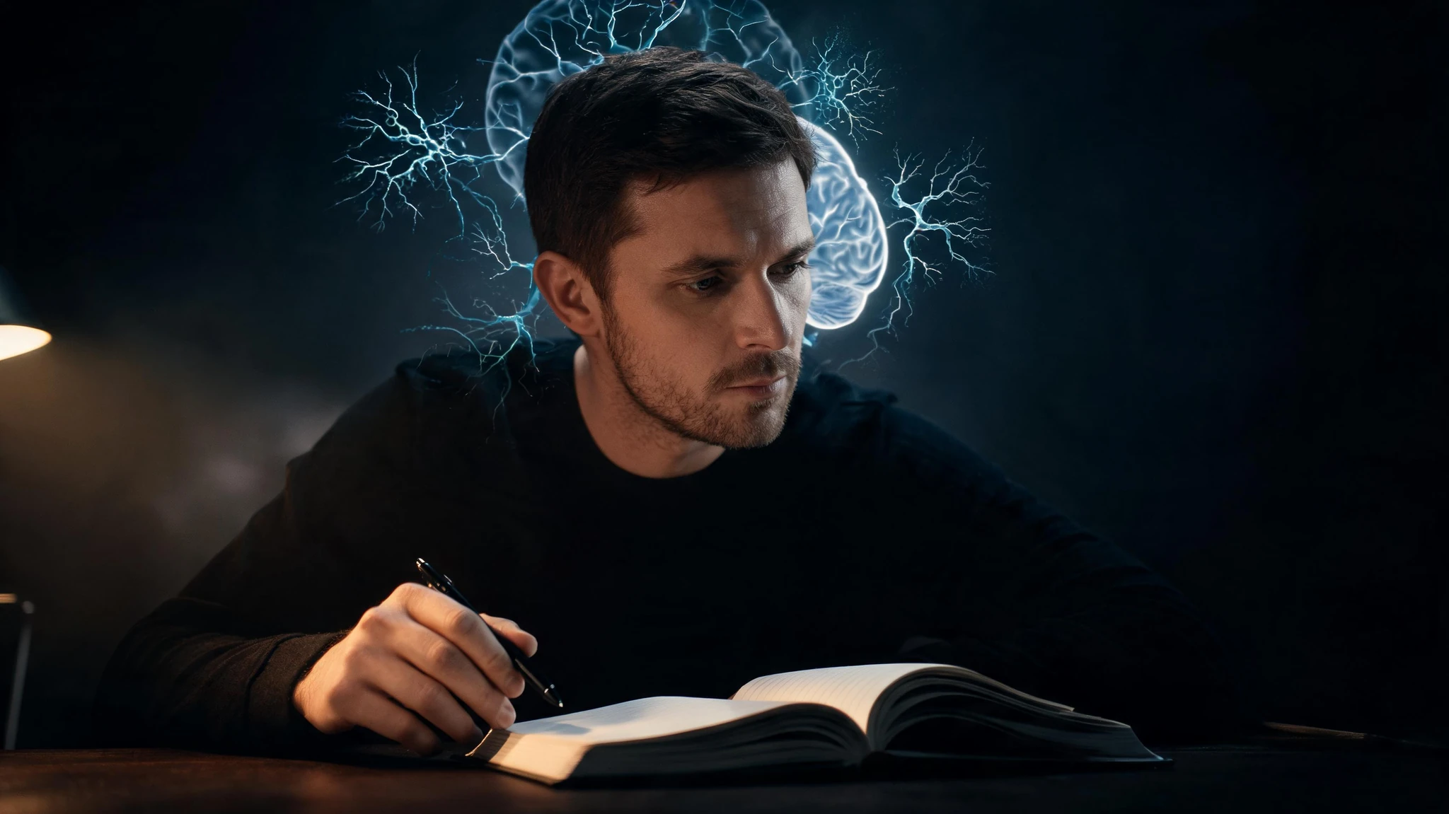 A close-up cinematic portrait of a Caucasian man in his late thirties with short dark brown hair, light olive skin, and a focused expression, captured in three-quarter profile. He sits at a wooden desk in low light, eyes fixed on an open notebook in front of him, fingers loosely holding a pen. Floating around his head are glowing translucent overlays of neuron networks, branching dendrites, and a faint cross-section of a human brain rendered in soft electric blue and teal. The background is near-black with subtle volumetric haze, and a single warm amber lamp glow falls across one side of his face. Strip any text overlays. Centered composition that survives a 3:4 portrait crop
