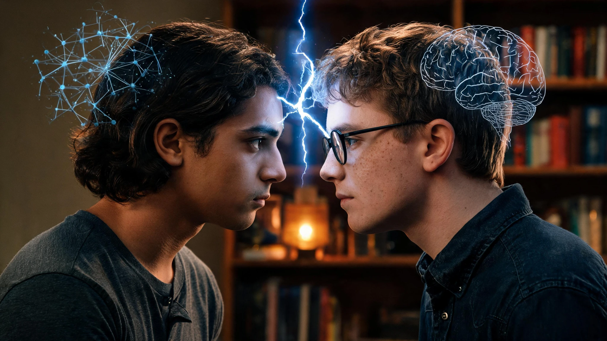 Two young men in their early twenties facing each other in profile, foreheads almost touching, separated by a glowing blue lightning bolt of neural energy that arcs between their temples. Left figure is a Latino man with shoulder-length wavy dark brown hair, olive skin, clean-shaven, wearing a charcoal short-sleeve henley. Right figure is a Caucasian man with short tousled light brown hair, fair skin, faint freckles, black-rimmed glasses, wearing a dark navy denim button-up. A warm-lit wooden bookshelf with hardback books and a small amber table lamp blurs in the background. Faint translucent overlays of a glowing neuron network and a wireframe brain hover near each man's head. No on-image text, no watermark