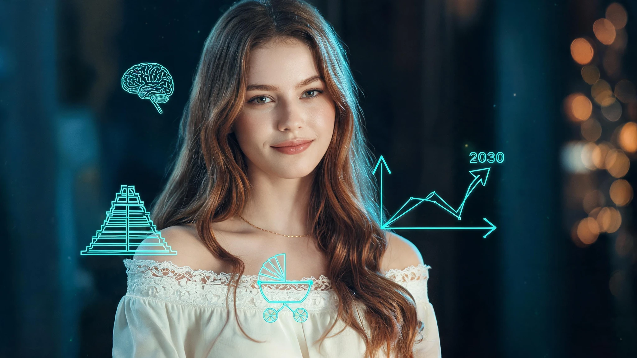Centered close-up of a young Caucasian woman in her mid-twenties with light olive-fair skin, long wavy chestnut-brown hair falling past her shoulders, soft natural makeup, and a gentle confident half-smile. She wears a delicate off-the-shoulder cream blouse with lace trim and a thin gold chain necklace. Around her float subtle scientific overlays in a single neon teal accent: a faint demographic line graph rising into 2030, glowing population-pyramid silhouettes, and small icons of a brain in cross-section, a stroller, and an upward-trending arrow, all rendered as luminous holographic line art. The background is a softly blurred dark interior with deep navy and charcoal tones and a narrow band of warm amber bokeh on the right edge. No text overlays, no watermarks, no logos