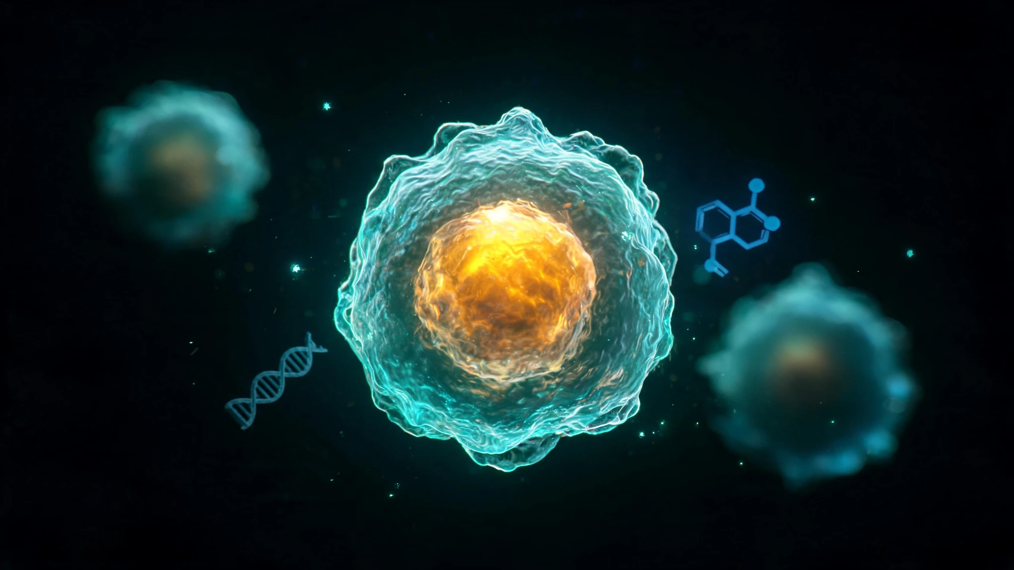 Extreme macro photo of a single translucent cell with a glowing amber-orange nucleus suspended inside a teal-cyan jelly-like membrane, set against a deep black background with two more out-of-focus cells of the same kind floating behind it. Centered subject with breathing room around it so a 3:4 crop still holds, soft internal glow lighting the nucleus, palette is dark black plus turquoise and warm orange. Homemade snapshot aesthetic shot through a hobbyist phone-camera microscope attachment, no text, no watermarks, no logos