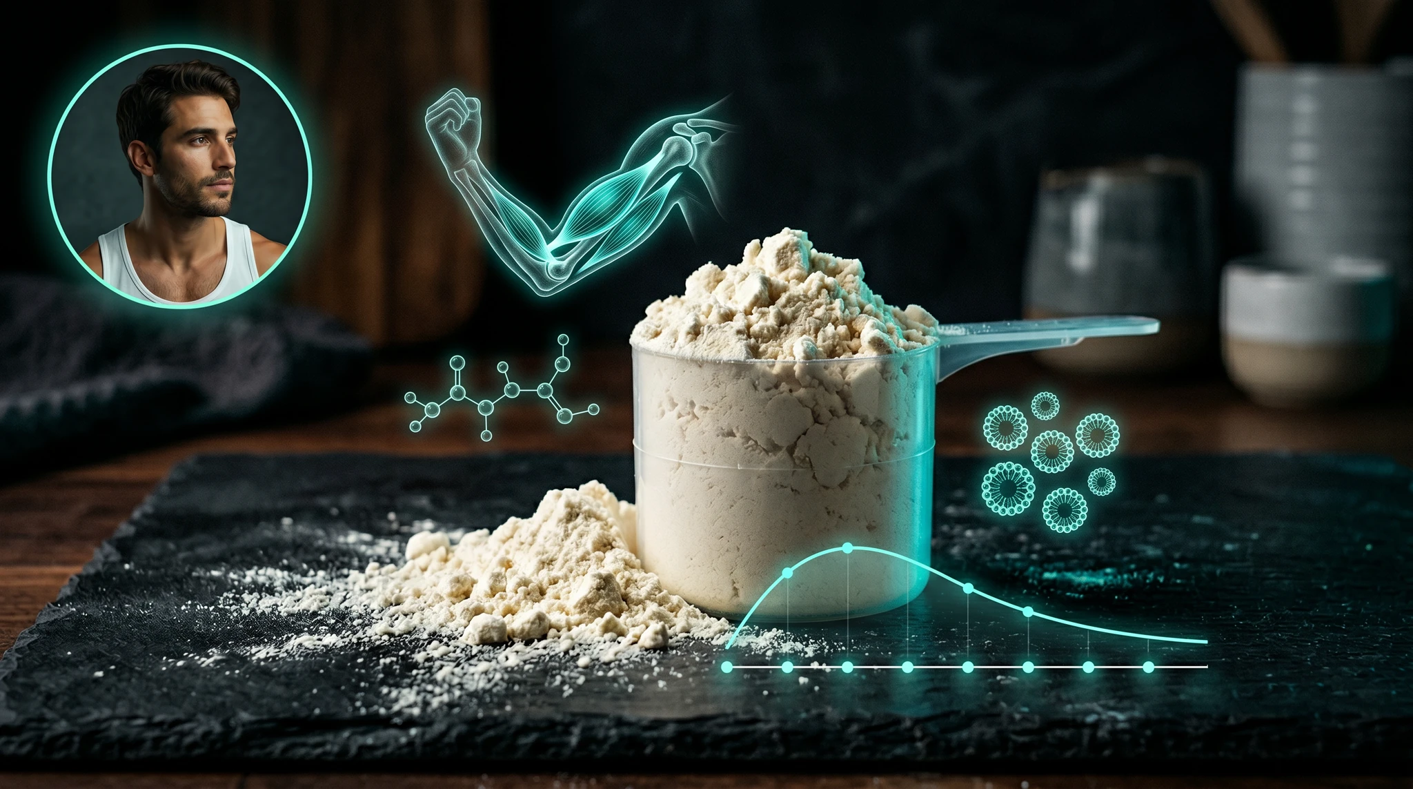 A clear plastic protein scoop overflowing with cream-colored casein powder, sitting on a dark slate kitchen surface with a small spilled drift of powder beside it. Floating around the scoop are glowin