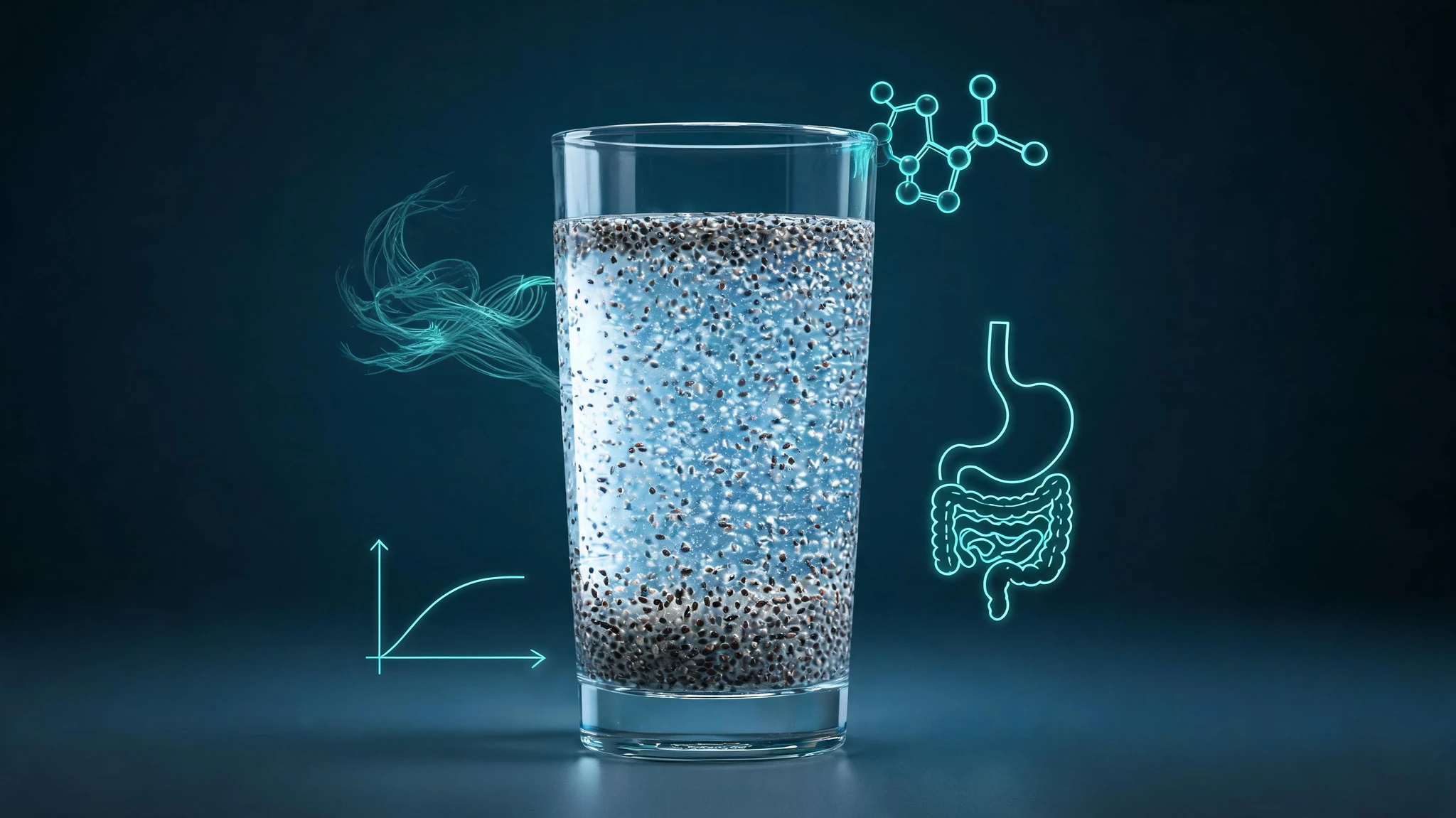 A tall clear drinking glass filled with water and suspended hydrated black chia seeds, photographed in a stylized cinematic close-up. Around the glass float subtle glowing scientific overlays in a soft teal accent: a translucent fiber-strand diagram, a small omega-3 fatty acid molecular structure, a faint stomach-and-intestine anatomical icon, and a tiny glucose curve graph. The background is a moody dark gradient in deep slate-blue and charcoal. No text overlays, no watermarks, no logos. No people in this image. Centered composition, glass occupies the vertical center so the frame survives a 3:4 portrait crop