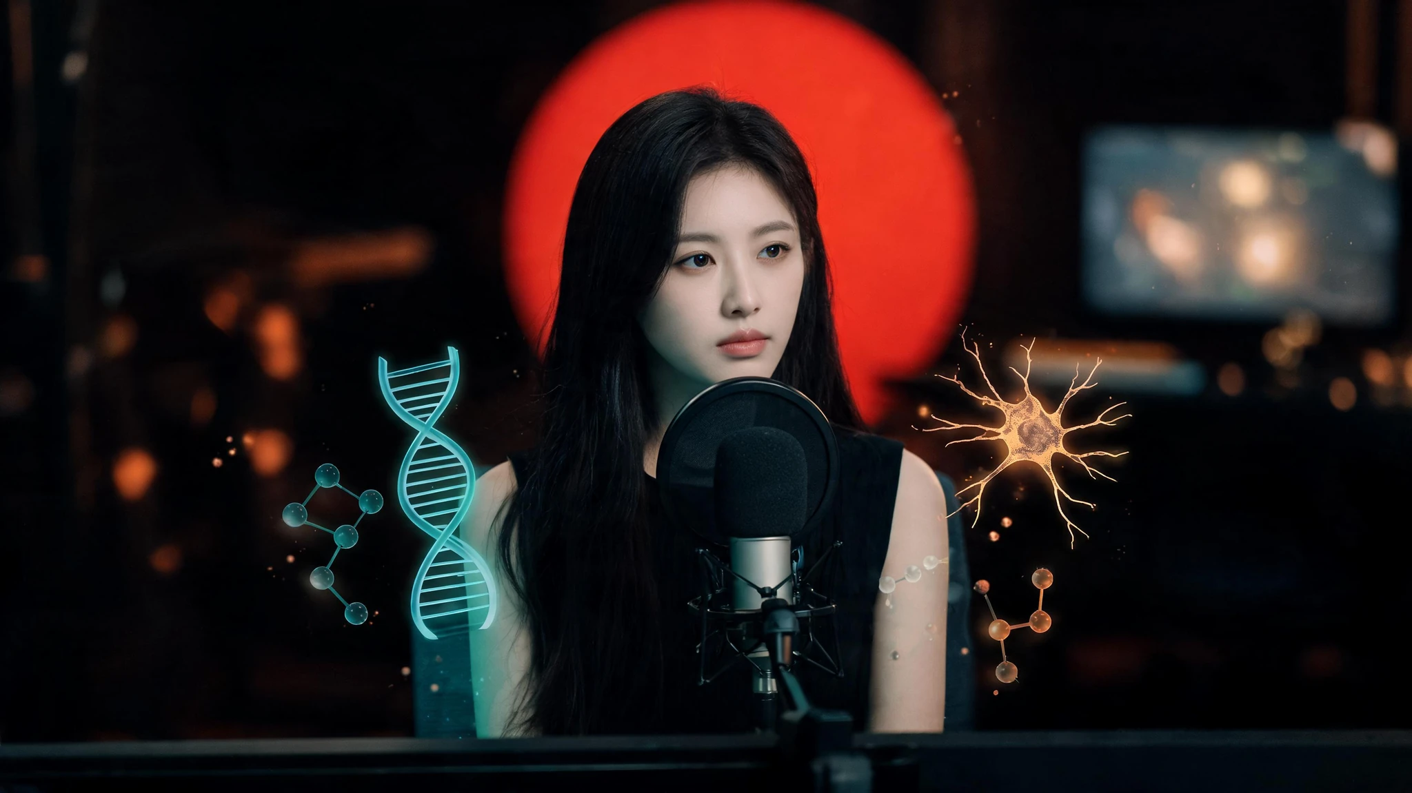 A young East Asian woman in her early twenties with long straight black hair, fair skin, and a calm, contemplative expression, seated at a podcast or livestream desk in front of a large studio microphone with a pop filter. She wears a simple sleeveless black top. Behind her, a softly glowing red disc evokes a national flag motif without showing literal text or stars, and a faint computer monitor glows in the warm bokeh of the background. Floating around her are subtle glowing scientific overlays in cool teal and amber: a stylized DNA helix, a small neuron diagram, and faint molecular structure icons, hinting at health and science topics. No text overlays, no watermarks, no logos, no flags with literal symbols. Centered composition that survives a 3:4 portrait crop