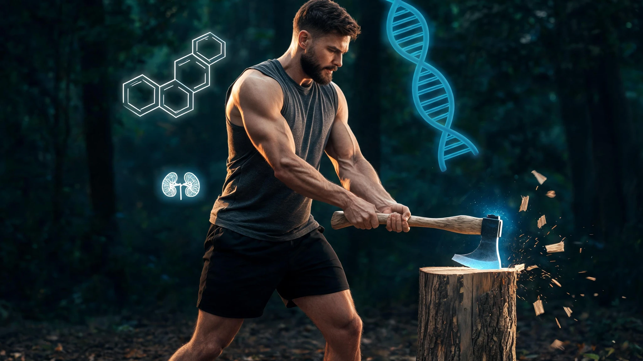 A muscular Caucasian man in his early thirties, light-tan skin, dark brown short hair and a trimmed beard, wearing a charcoal sleeveless tank top and black athletic shorts, mid-swing with a wood-handled splitting axe striking a vertical log in a forest clearing. Wood chips fly to the right of the log. Composition centered, full-body, log and axe in lower third, head and shoulders in upper third so the image survives a 3:4 portrait crop. Replace the daylight forest tone with a dark cinematic palette: deep teal-black trees behind, warm amber rim light on his arms and shoulders, faint cool-blue glow around the axe head. Float subtle scientific overlays in the background air: a translucent testosterone molecular structure (cyclopentanoperhydrophenanthrene rings) on the upper left, a thin glowing DNA helix on the upper right, a small anatomical icon of an adrenal gland near his torso. Strip all text, watermarks, and logos