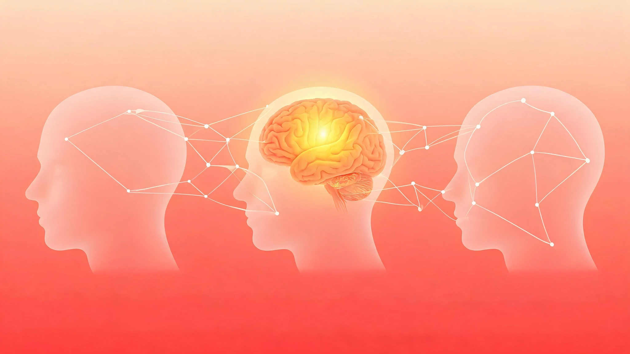 Three semi-transparent profile silhouettes of Caucasian human heads in light pink and peach tones, arranged left, center, and right, all facing the same direction. The central head holds a glowing, anatomically detailed orange and yellow human brain that radiates a bright golden light from its center. A faint geometric web of thin white lines connects points across the heads, suggesting neural networks. The background fades from soft peach at the top to a deep coral red at the bottom. No text overlays, no watermarks, no logos. Strip any captioning from the source. Centered composition that survives a 3:4 portrait crop