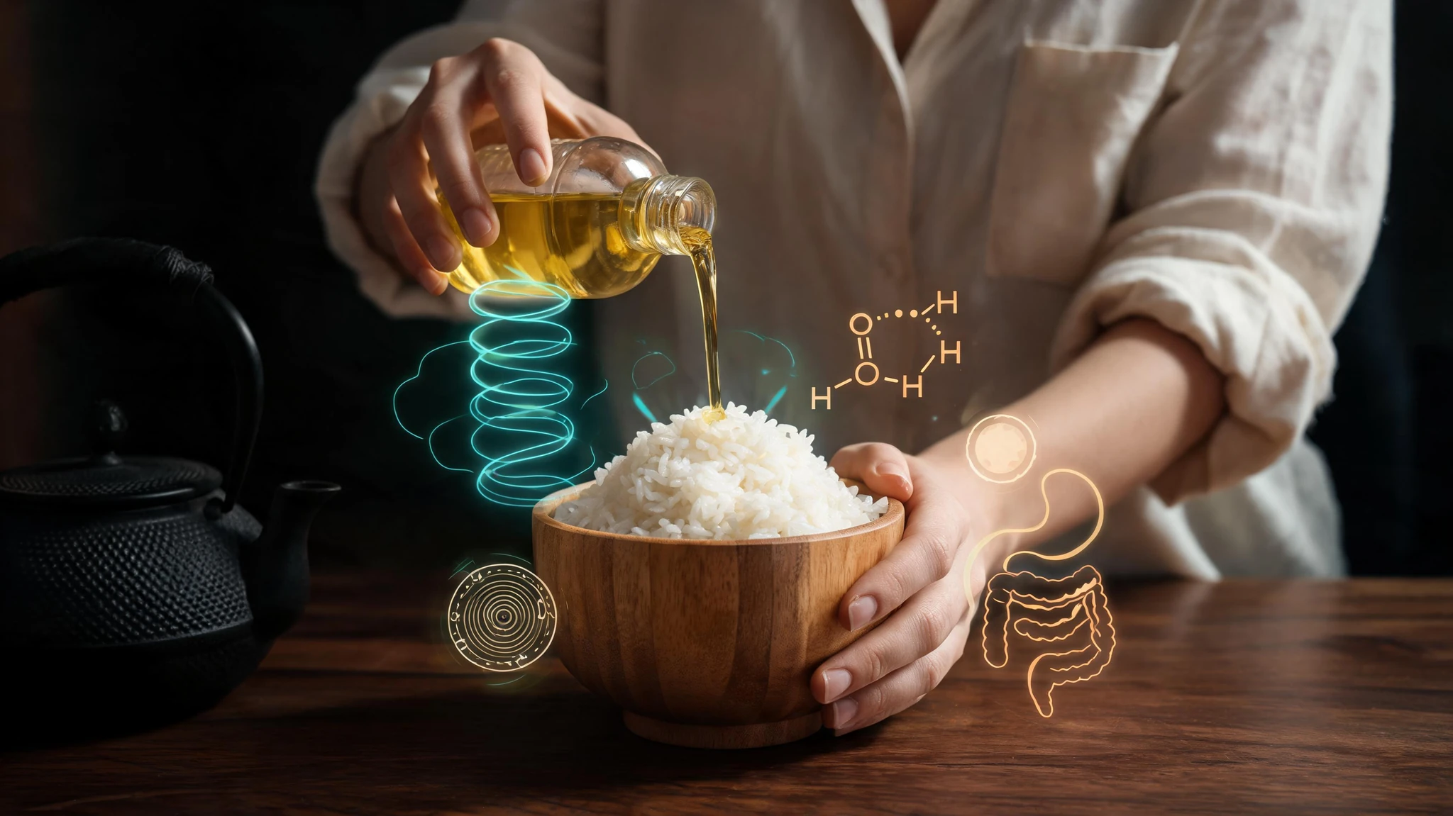A close-up of a fair-skinned Caucasian woman in her early thirties, only her hands and forearms visible, slowly pouring golden coconut oil from a small clear glass bottle into a warm wooden bowl of fluffy white jasmine rice. She wears a soft cream linen blouse with rolled sleeves. A black cast-iron Japanese-style teapot sits to the left on a rich walnut wooden table. Floating around the bowl are glowing translucent scientific overlays in cool teal and warm amber: amylose helix diagrams, hydrogen-bond molecular structures, starch granule cross-sections, and a faint digestive-tract icon. The composition is centered on the bowl and the pouring stream so a 3:4 portrait crop still reads. No text, no watermarks
