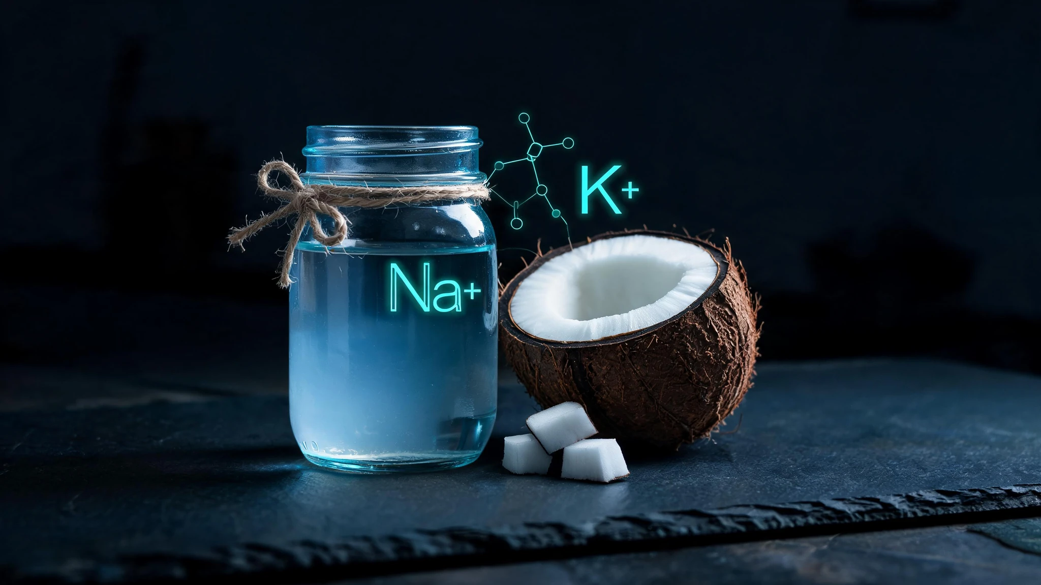 A clear glass mason jar tied with rough beige twine sits on a dark slate kitchen counter, half filled with translucent coconut water that catches a single cool blue rim light. Beside the jar, one half of a brown husked coconut shows its bright white flesh in cross-section, with three small cubes of coconut meat scattered on the dark surface. Floating around the scene are faint glowing scientific overlays in cool teal: a stylized sodium ion symbol (Na+), a potassium symbol (K+), and a thin molecular diagram of an electrolyte structure, all rendered as soft neon line art. No people in the frame. No text overlays, no watermarks. Centered composition with the jar and coconut filling the middle two thirds so a 3:4 portrait crop holds the subject