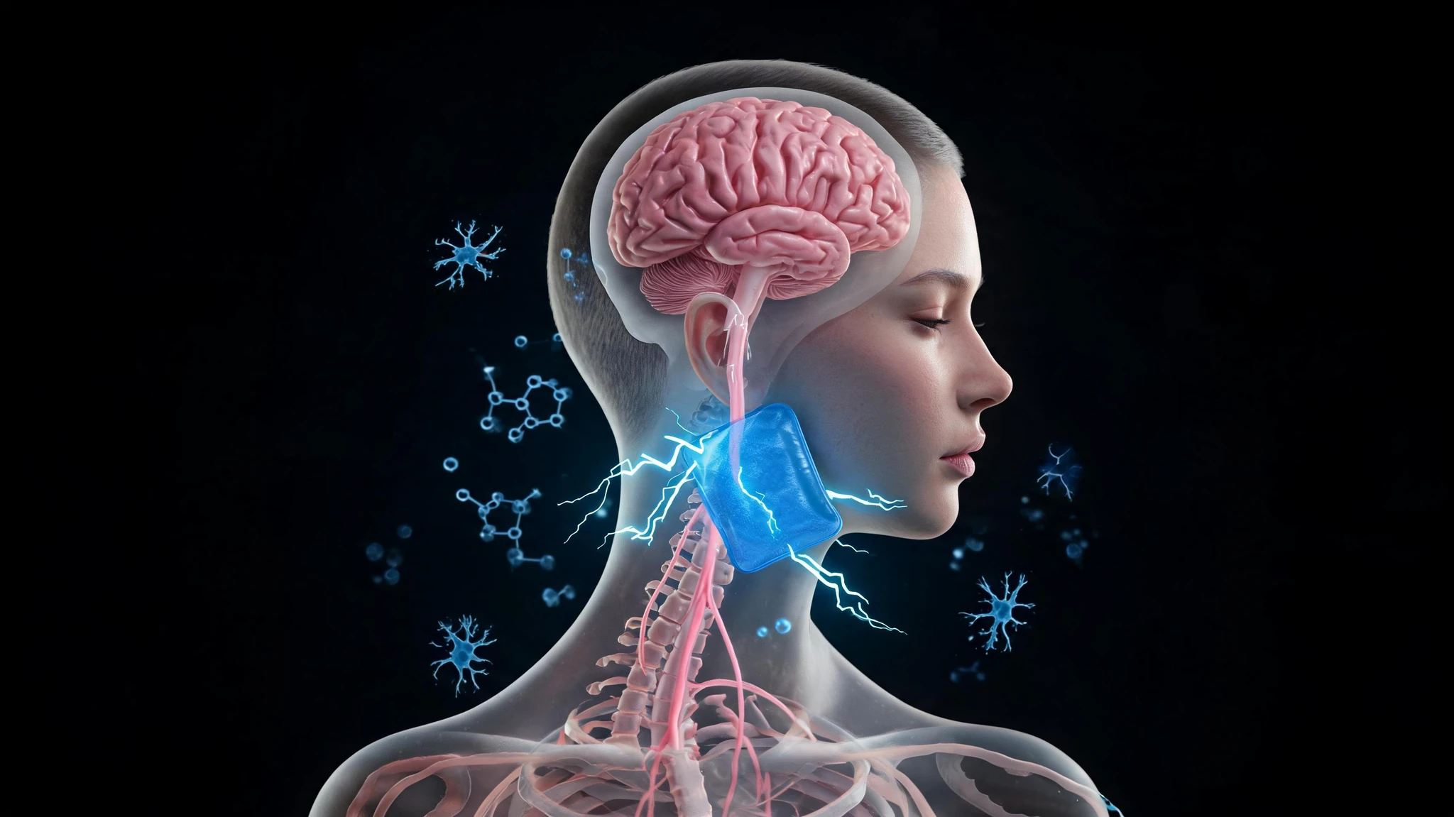 Side profile of a Caucasian woman in her late twenties with fair skin, light pink lips and a smooth shaved-style hairline rendered as a translucent anatomical figure against a pure black background. Her brain is shown in glossy pink anatomical detail at the top of the skull, with the cerebellum and brainstem visible, and a long pink vagus nerve and spinal cord trailing down through a translucent neck and chest. A small bright royal-blue gel ice pack rests against the side of her neck, surrounded by two cyan lightning bolts that suggest cold shock and nerve activation. Faint glowing blue molecular and neuron diagrams float in the dark space around the figure. Strip all text overlays and watermarks but keep the dramatic monochrome cinematic look with the single neon blue accent