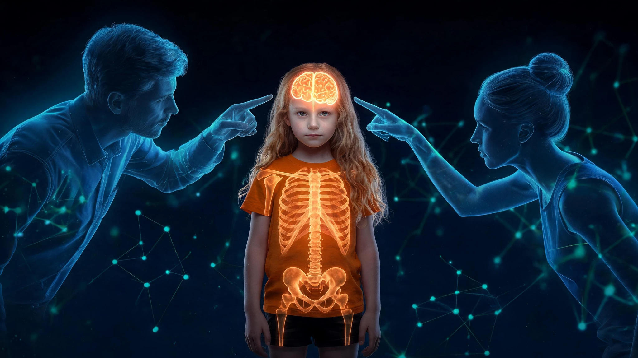 A small Caucasian girl, around seven years old, with long strawberry-blonde hair, pale skin, wearing a plain orange t-shirt and dark shorts, stands frozen in the center of a dark cinematic frame. Her body is rendered as a softly glowing anatomical x-ray illustration, with a luminous amber-orange brain visible inside her skull and a faintly glowing skeleton and ribcage showing through her clothing. Two adult figures, both Caucasian and in their early thirties, lean in from either side as ghostly cyan-blue holographic outlines: on the left a clean-shaven man with short blue-tinted hair in a button-down shirt, on the right a woman with light hair pulled into a tight bun in a sleeveless top, both pointing accusing index fingers directly at the child's head. The background is a deep navy-to-black gradient laced with a faint network of glowing teal nodes and connecting lines suggesting neural pathways and stress signals. Strip all text overlays and watermarks but keep the holographic-x-ray aesthetic with the orange-amber accent on the child and cyan-blue accent on the parents