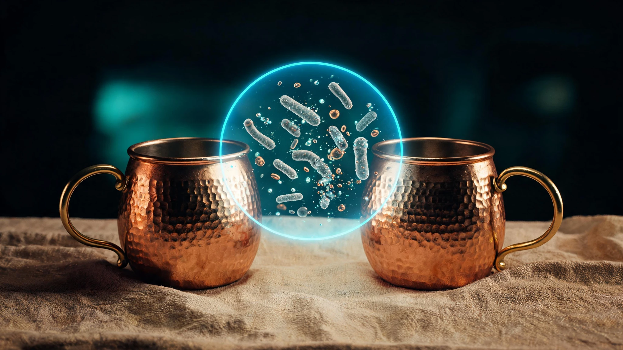 Two hammered copper Moscow-mule style mugs with brass handles sitting on a tan linen surface, viewed from a slight overhead angle. Floating in front of them is a glowing circular blue-tinted overlay showing rod-shaped bacteria (E. coli style) being illuminated and partially dissolved by drifting copper ions, rendered as soft particles with a teal neon accent. Strip out any text or watermark from the original. No people in this image. The copper has warm orange-bronze tones contrasting against the cool blue scientific overlay