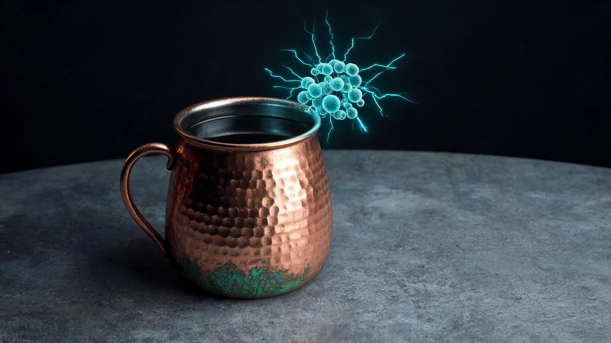 A weathered hammered copper mug, half full of dark water, sits on a slate gray surface as the central subject. The copper has a warm reddish-brown patina with subtle green oxidation patches near the base and a sturdy curved handle. Floating to the upper right, slightly above the rim, a glowing teal-blue scientific overlay shows a stylized cluster of spherical bacteria with electric arcs radiating outward, suggesting contact killing. No people are present. Strip any text overlays, headlines, or watermarks. Centered composition that survives a 3:4 portrait crop with the mug anchored slightly left and the science overlay top right