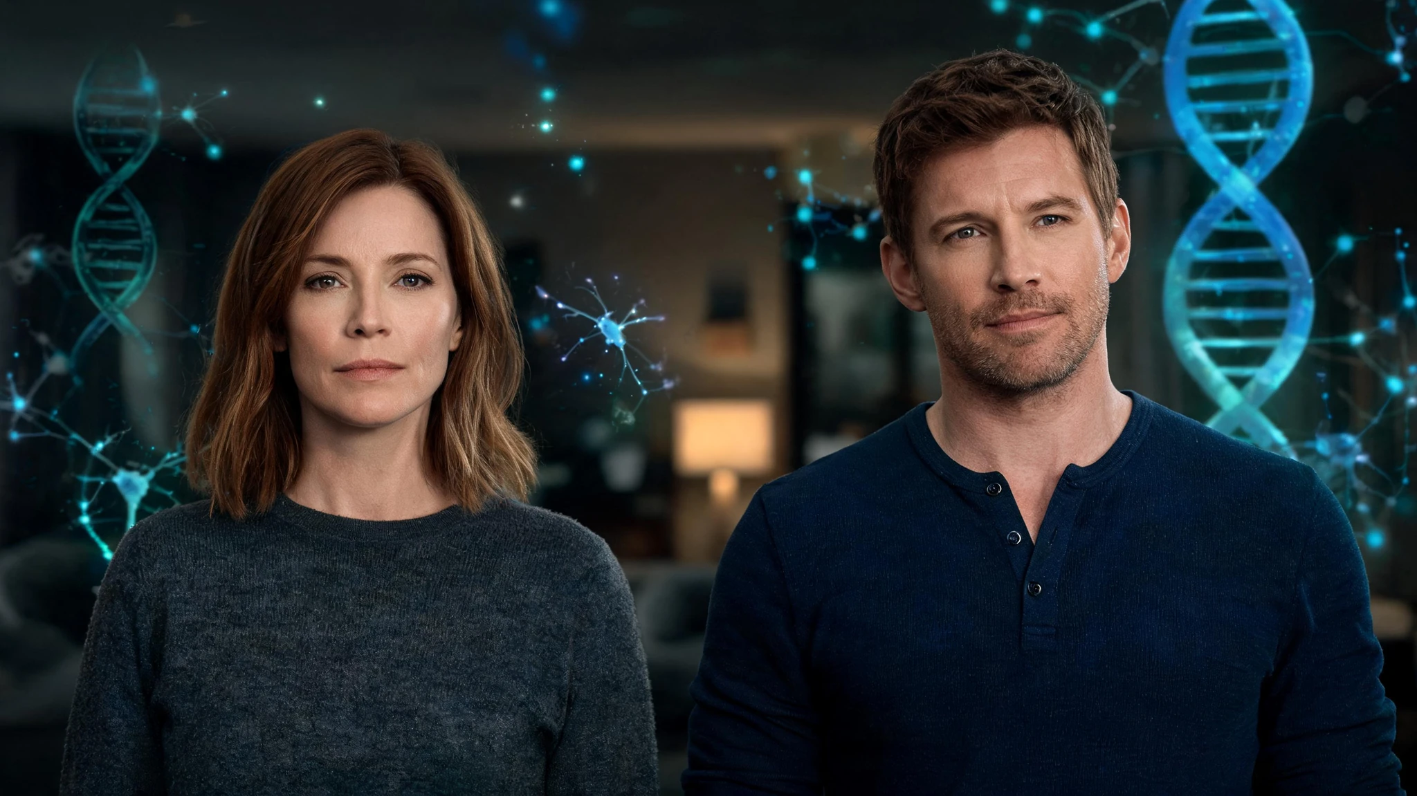 Two Caucasian people in their late thirties standing side by side in a softly lit modern living room, photographed waist-up. On the left, a woman with shoulder-length light brown hair, fair skin, natural makeup, charcoal sweater. On the right, a man with short brown hair, fair skin, light stubble, navy henley. Both relaxed, looking forward, not at each other. Faint glowing translucent DNA helix and synapse light traces in teal and electric blue float in the dark blurred background behind them. No text overlays, no watermarks