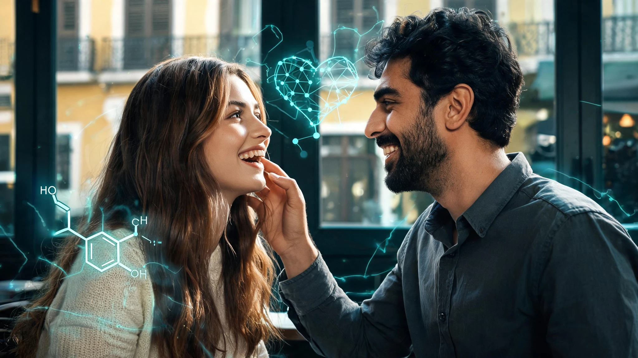 A close, candid two-shot of a young heterosexual couple in their late twenties laughing together inside a sunlit cafe, framed as a stylized cinematic portrait. The woman on the left is white European, light olive skin, long wavy chestnut-brown hair, soft natural makeup, wearing a cream knit top, gazing up at her partner with an open delighted smile. The man on the right is Mediterranean or Middle Eastern, warm tan skin, short dark almost-black wavy hair, neatly trimmed black beard, wearing a charcoal-black button-up shirt, smiling broadly with one hand reaching gently toward her cheek. Behind them a softly blurred Lisbon-style yellow stone facade with tall shuttered windows. Floating around them are subtle glowing scientific overlays in a teal neon accent: a faint heart-shape neural network diagram, a small dopamine molecular structure to one side, and thin glowing line traces hinting at brain reward circuits. Strip any text overlays, watermarks, or banners. Centered subjects with breathing room above and below so a 3:4 portrait crop still keeps both faces