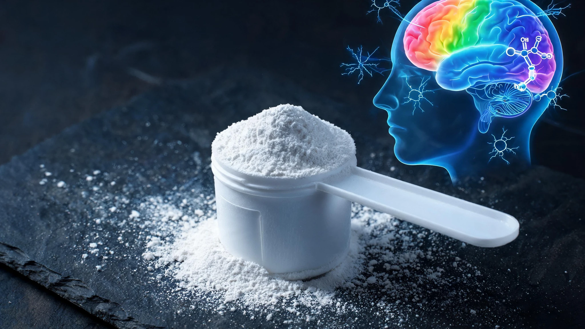 A white plastic measuring scoop heaped with fine white creatine monohydrate powder, resting on a black slate countertop dusted with the same powder. In the upper right corner, a stylized side-profile illustration of a human head shows a rainbow-colored brain glowing inside a translucent blue cranium, surrounded by faint blue scientific overlays of neurons and ATP molecular structures. The scene is rendered in a dark cinematic palette with one cool blue neon accent. No text overlays, no watermarks, no logos