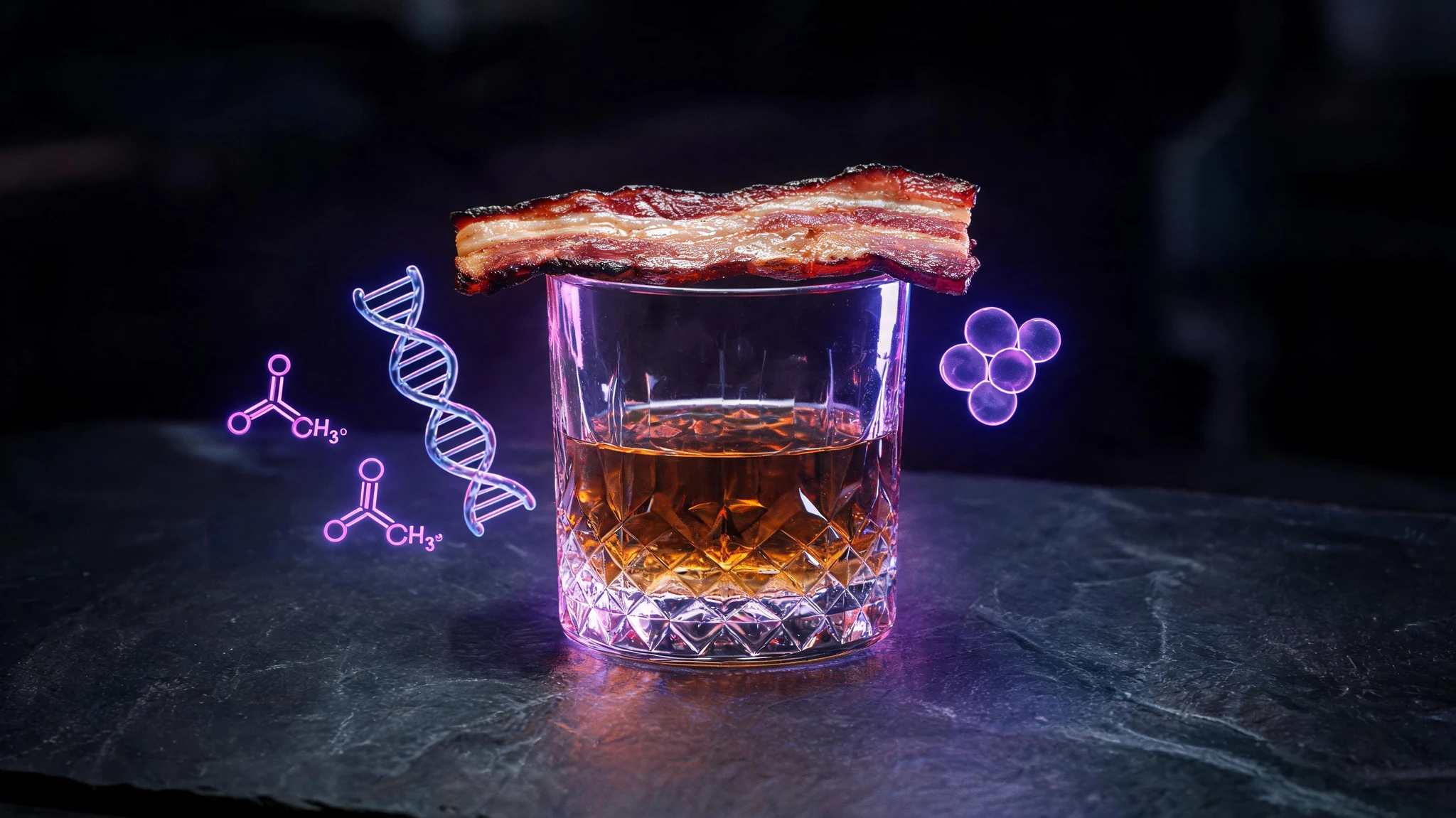 A heavy crystal whiskey tumbler half filled with amber liquor sits center frame on a polished dark slate surface, with a single thick strip of crisp, slightly charred bacon balanced across the rim. The bacon glistens with rendered fat where the studio light catches its ridges. A faint magenta-blue rim light skims the glass, and translucent floating overlays of a glowing DNA helix, two stylized acetaldehyde molecule diagrams, and a delicate cell-cluster icon hover near the rim like clinical infographics. No people, no text, no watermarks, centered composition that survives a 3:4 portrait crop