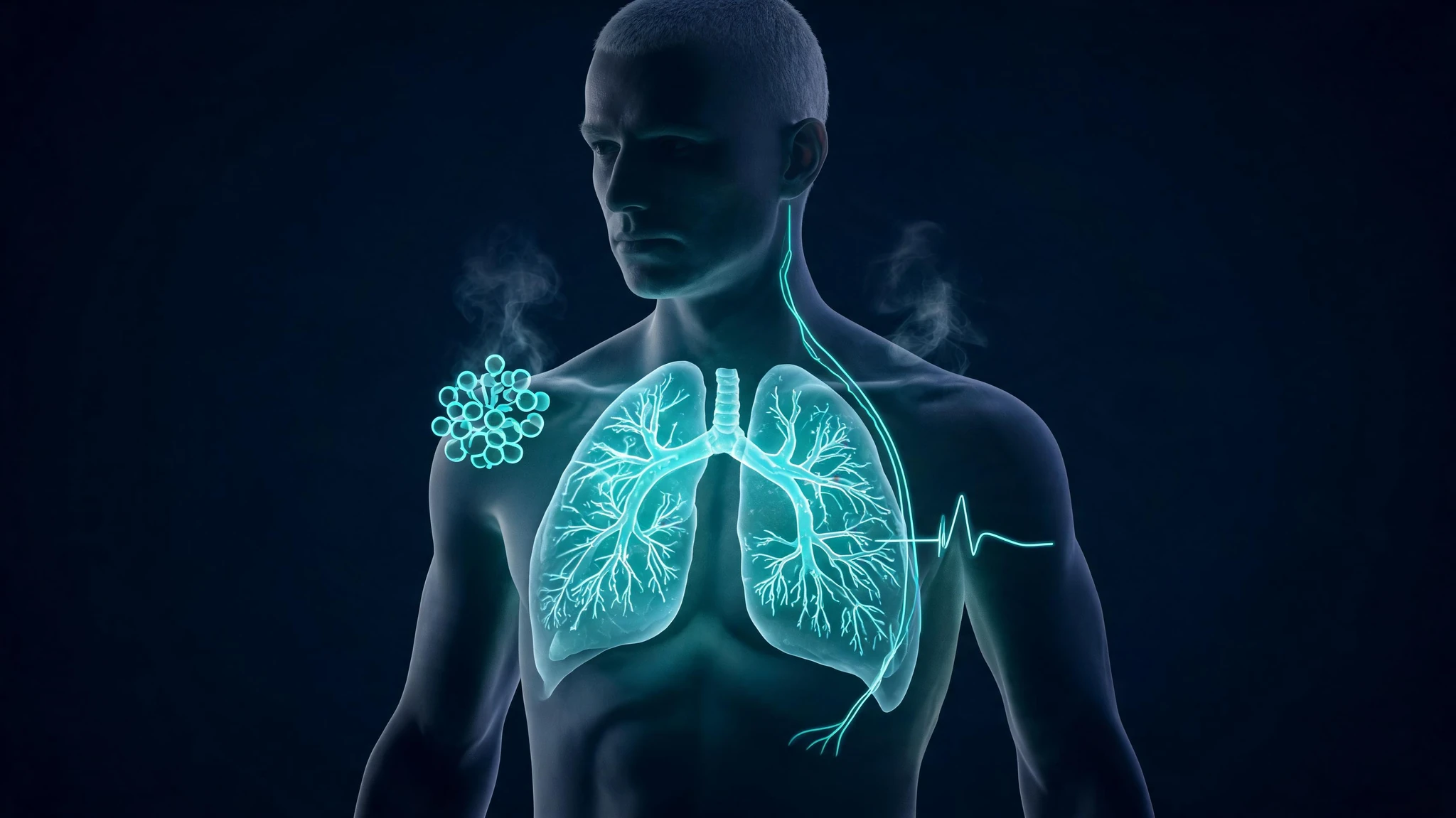 A semi-transparent x-ray style silhouette of a Caucasian man in his early thirties, fair skin, shaved head, bare-chested, shown from the chest up against a deep navy black background. His chest reveals glowing teal-and-cyan anatomical lungs at full inflation, with bronchial tree branches lit from within and faint wisps of luminous breath vapor curling from the shoulders. Floating around the silhouette are subtle scientific overlays: a small alveolar cluster diagram on one side, a thin parasympathetic vagus-nerve line tracing toward the diaphragm, and a faint waveform showing a long exhale. No text, no watermarks, no logos. Centered composition, head and upper torso framed so a 3:4 portrait crop preserves the lungs