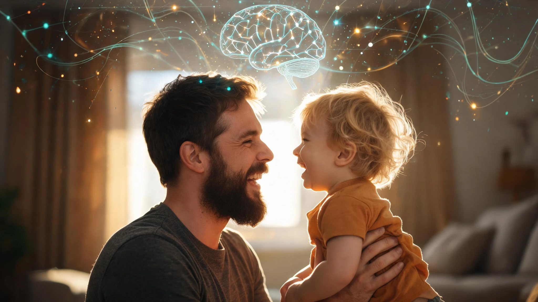 A Caucasian father in his early 30s with a thick dark brown beard and short brown hair, wearing a charcoal grey t-shirt, lifting and laughing face to face with his Caucasian toddler son who has tousled blonde hair and a warm tan-orange t-shirt, both visible from the chest up. Above and around them, a glowing geometric brain network rendered in neon teal and warm amber lines floats like a constellation, with thin connecting filaments and tiny scattered light particles drifting through a soft golden window-lit interior. Faint translucent diagrams of neural pathways and synaptic dots curve across the upper background. The composition is centered on the two faces with the brain graphic above, leaving headroom that survives a 3:4 portrait crop. No text, watermarks, or captions anywhere in the frame