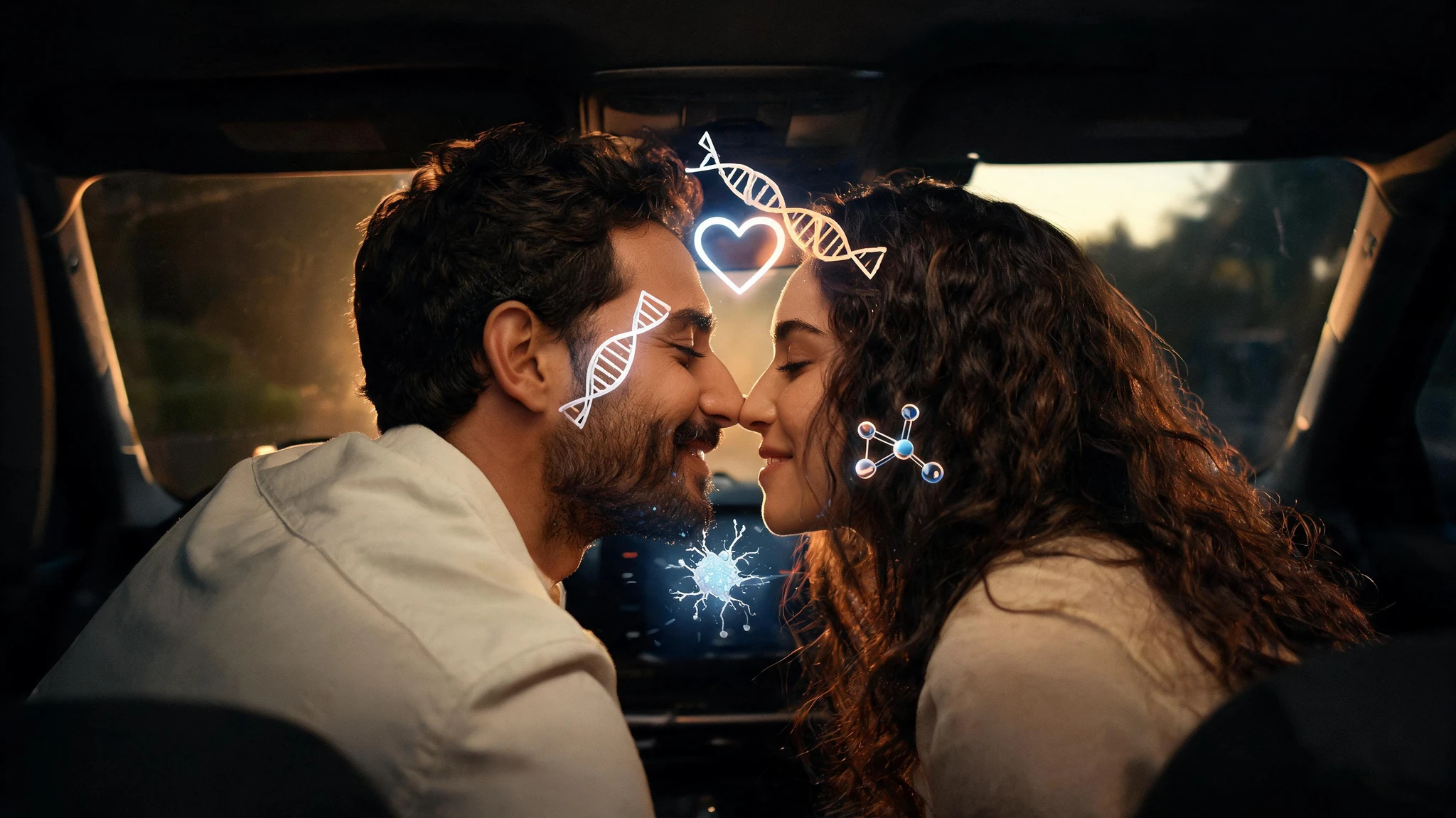 A young heterosexual couple in their late twenties leaning toward each other for a kiss inside a parked car, foreheads almost touching, both smiling. The man on the left is Mediterranean or Southern European Caucasian with olive skin, short dark brown wavy hair, a trimmed dark beard, wearing a soft white shirt. The woman on the right is Latina or Southern European Caucasian with light tan skin, long curly dark brown hair, no visible makeup, wearing a similar light cream top. Glowing scientific overlays float around them: a faintly luminous heart icon between their faces, a small DNA helix, a stylised neuron, and a pair of soft molecular structures, all rendered in cool electric-blue and warm amber accents. Strip all text and watermarks. Centered composition with both faces in the frame, generous headroom and shoulders showing, so a 3:4 portrait crop preserves the intimate angle