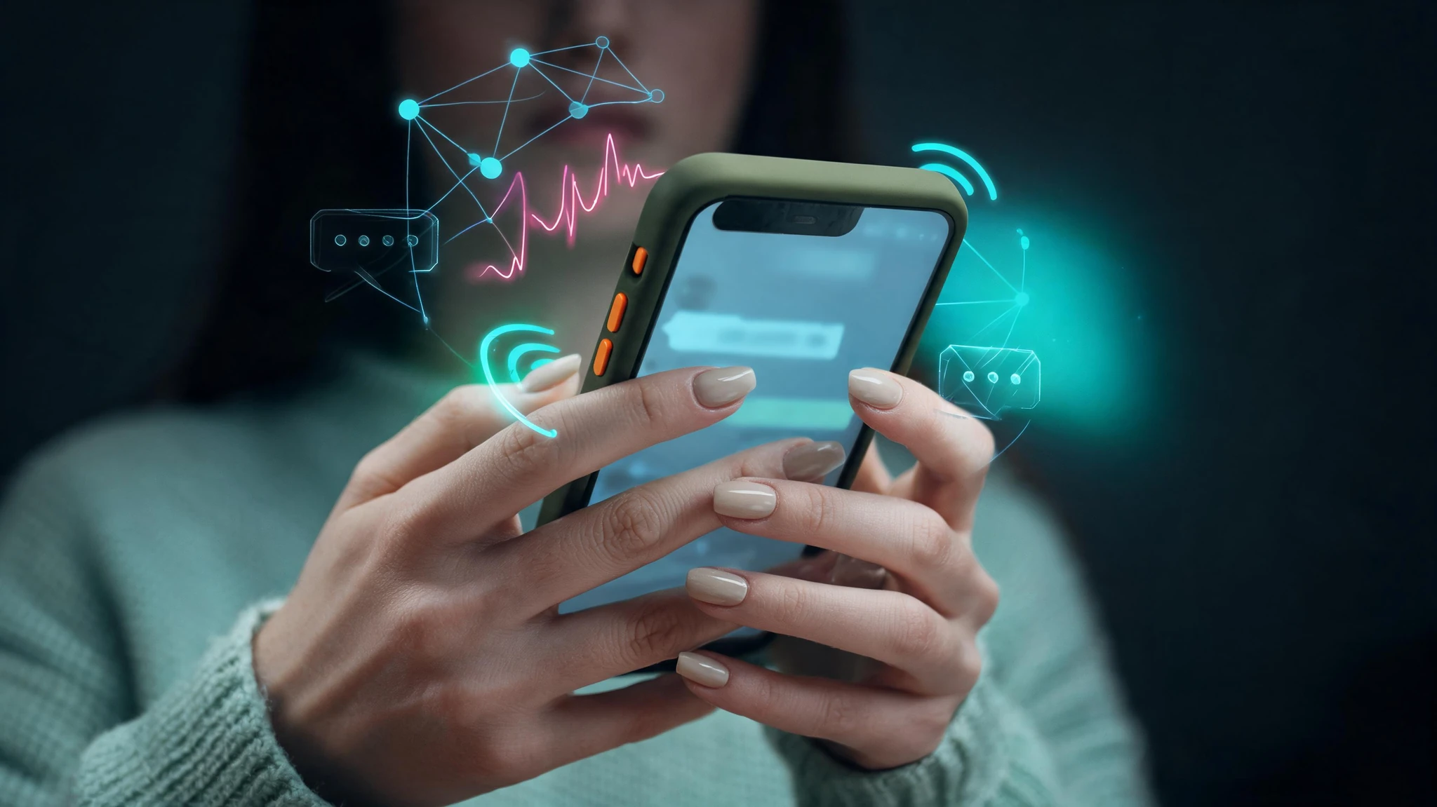 Close-up of a Caucasian young woman's hands, light skin tone with neutral nail polish, holding a smartphone in a matte olive-green silicone case with bright orange side buttons. She wears a pale mint-green soft sweater, with the sweater fabric softly visible behind the phone. The phone screen glows softly with a hint of blue-teal light suggesting a chat thread. Layer in floating glowing scientific overlays around the phone: thin blue neural-network nodes, faint magenta heart-rate waveforms, soft cyan signal-pulse arcs, and translucent chat-bubble icons rendered as wireframes. Strip all text overlays and watermarks. Centered, hands-and-phone composition that survives a 3:4 portrait crop
