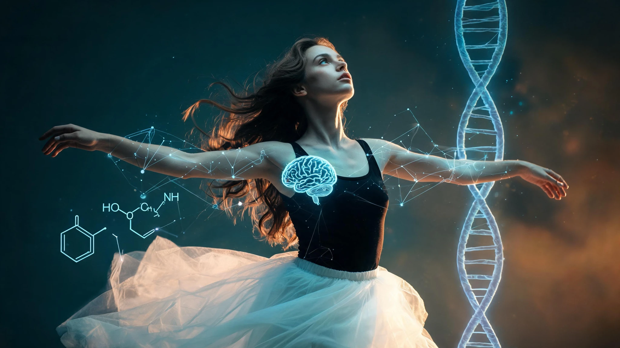 A young Caucasian woman in her mid-twenties with long, dark brown wavy hair caught mid-motion against a dramatic dark teal and orange backdrop. She wears a black fitted tank top and a flowing white tulle skirt that catches the light. Her head tilts back, arms extended outward in expressive motion suggesting contemporary dance. Glowing scientific overlays float around her: a softly luminous blue brain icon near her chest, faint neural network lines, a pale serotonin molecular structure, and a thin double-helix DNA strand to one side. The composition is centered and tightly cropped to a 3:4 portrait safe area, with no text or watermarks