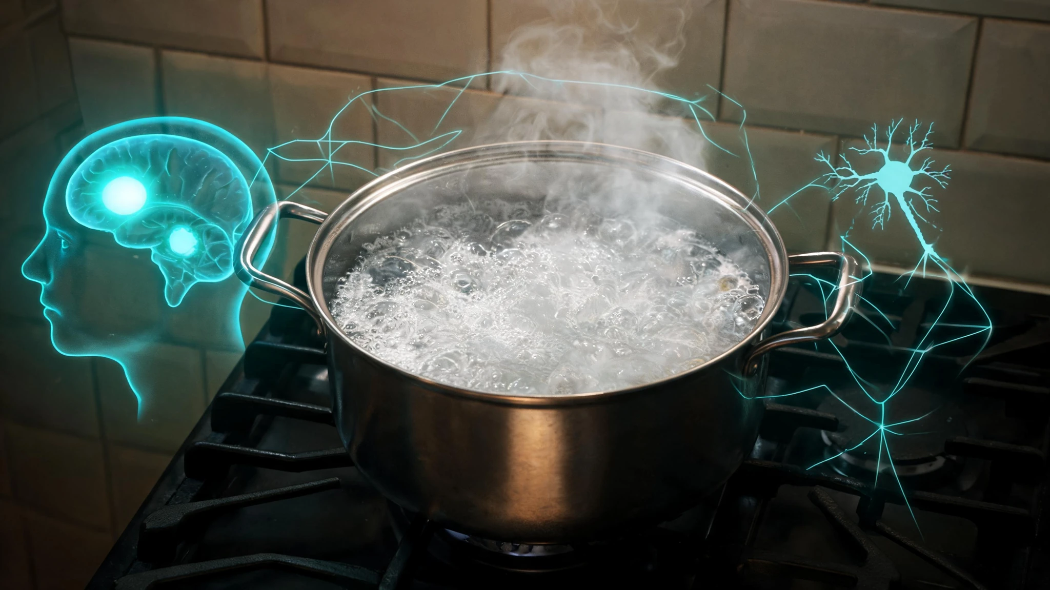 A large stainless steel pot of furiously boiling, bubbling water on a black gas-stove burner, shot from above and slightly to the side, water churning with white foam and rising steam. Behind the pot, a beige-tiled kitchen wall and the dark cast-iron grates of the burner are partly visible. Floating around the pot are glowing scientific overlays: a luminous teal silhouette of a human head in profile with a highlighted amygdala and prefrontal cortex, a faint neuron diagram, and thin neural-network lines connecting them. The composition is centered so the pot remains the dominant subject in a 3:4 vertical crop, with all text overlays and watermarks removed