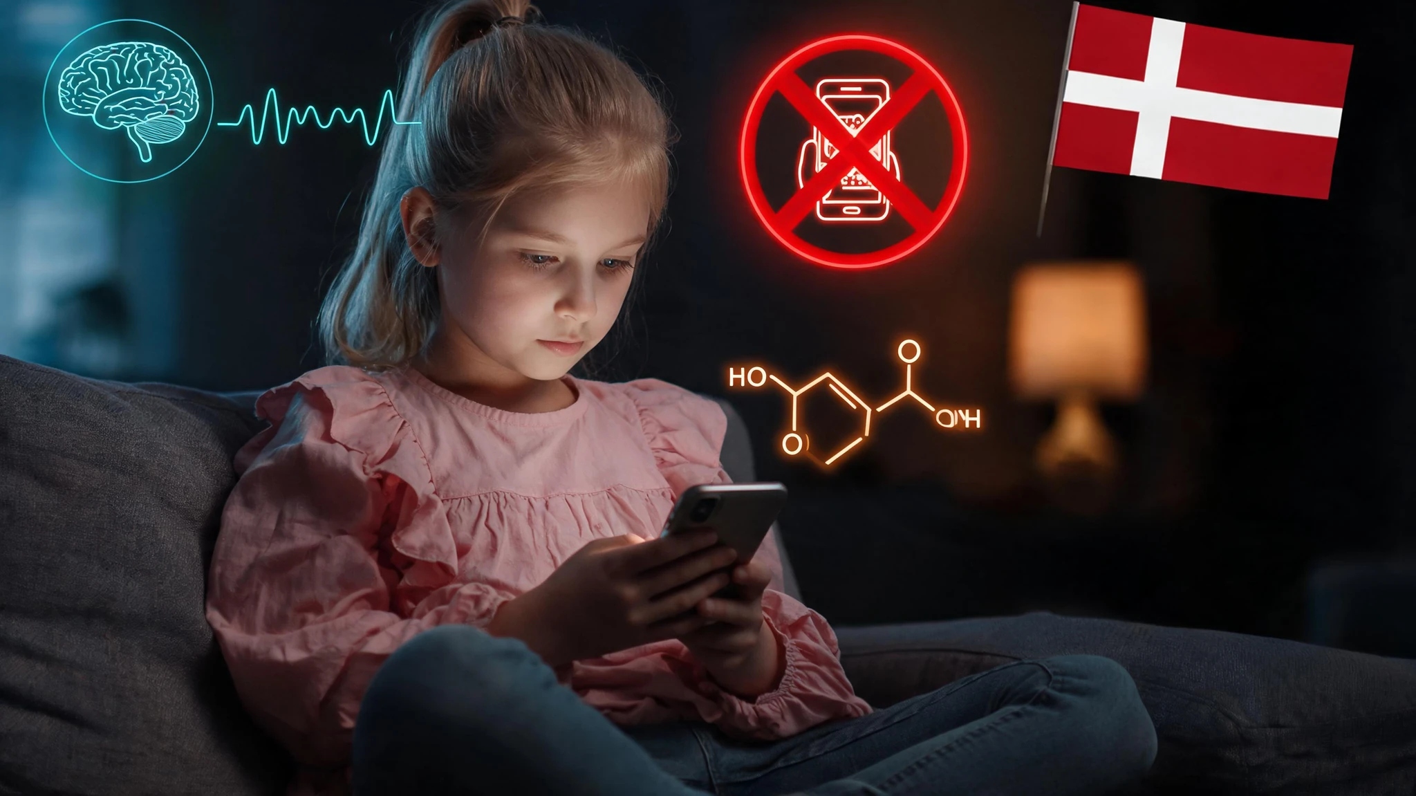 A young Caucasian girl, around nine years old, with light blonde hair pulled into a high ponytail, fair skin, and a soft pink ruffled blouse, sits cross-legged on a grey upholstered sofa holding a small smartphone. Beside her, a glowing red prohibition symbol with a stylized hand and phone is centered in mid-air. Floating around the scene are subtle scientific overlays in cool teal and amber neon: a small anatomical brain icon, a thin EEG wave line, a faint dopamine molecule diagram, and a soft Danish flag panel anchored in the upper right of the frame. The room behind her is in low-key chiaroscuro, with soft window light on the left and a single warm lamp accent on the right. Strip any text overlays and watermarks. Centered, slightly off-axis composition that holds inside a 3:4 portrait crop