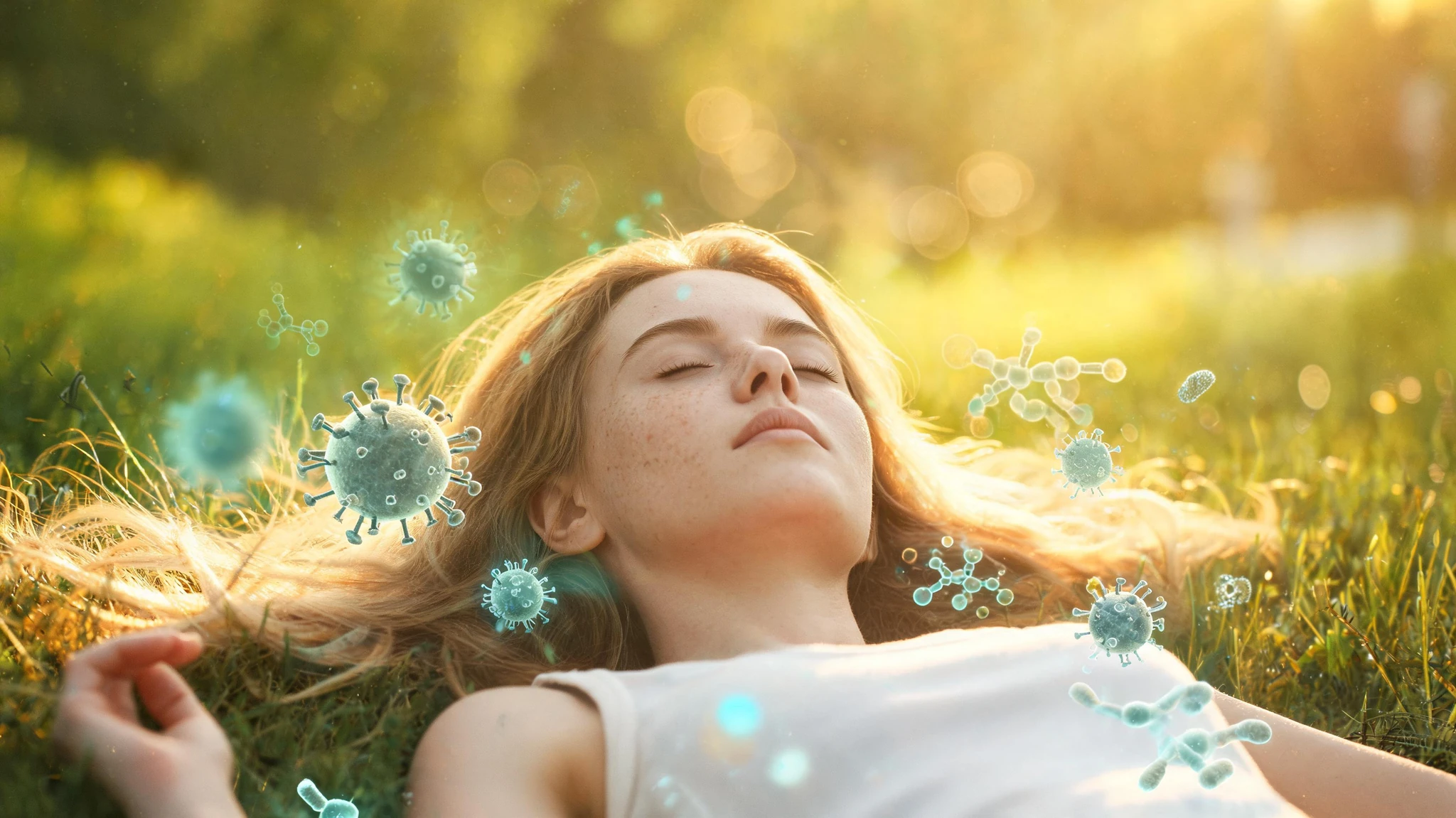 A young Caucasian woman in her mid twenties with fair, lightly freckled skin and long dirty-blonde hair lies on her back outdoors in golden afternoon sunlight, eyes softly closed, lips relaxed, wearing a simple cream cotton tank top. Floating around her head and shoulders are glowing translucent scientific overlays in teal, cyan, and amber: stylized virus particles with spike proteins, bacterial rod shapes, and faint molecular structures suggesting vitamin D synthesis. Warm bokeh light from a low sun creates rim-lit hair and dappled skin highlights. Strip any text overlays from the source. Centered portrait composition with the face slightly above center so a 3:4 crop keeps the face and the largest molecular icon in frame
