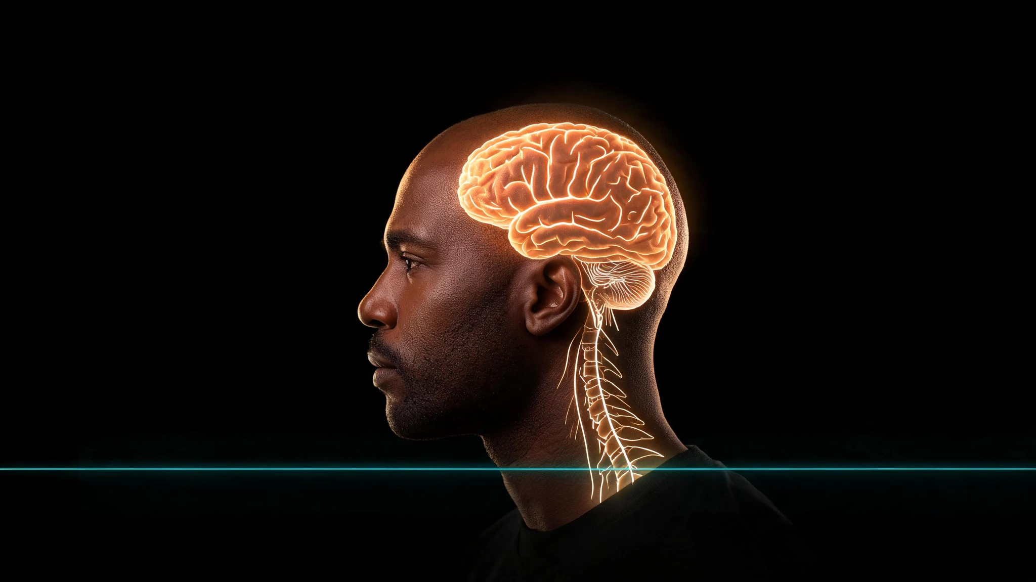 A profile portrait of a Black man in his late thirties, deep brown skin, clean-shaven head, neutral expression, facing left against a pure black studio backdrop. A glowing anatomical illustration of the human brain and brainstem is overlaid on the side of his head in vivid amber and orange light, with luminous white linework tracing the cerebral cortex and the spinal column descending into his neck. A thin teal underline of light cuts across the lower third of the frame as a subtle scientific accent. No text, no watermarks, no logos. Centered composition that survives a 3:4 portrait crop