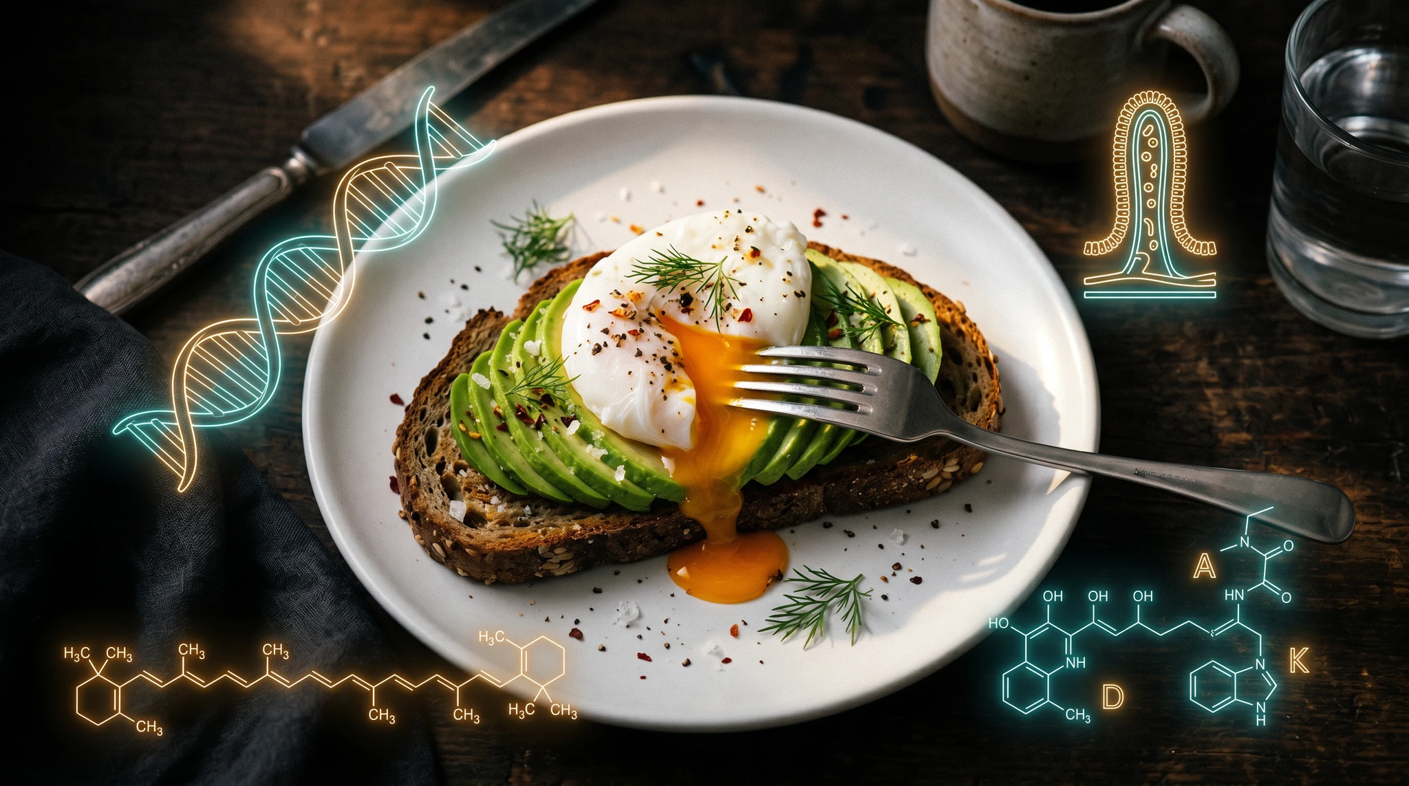 Cinematic dark moody overhead shot of an open-faced toast on a white plate. Thin fanned slices of fresh green Hass avocado layered across a slice of dark seeded sourdough bread, topped with a single s