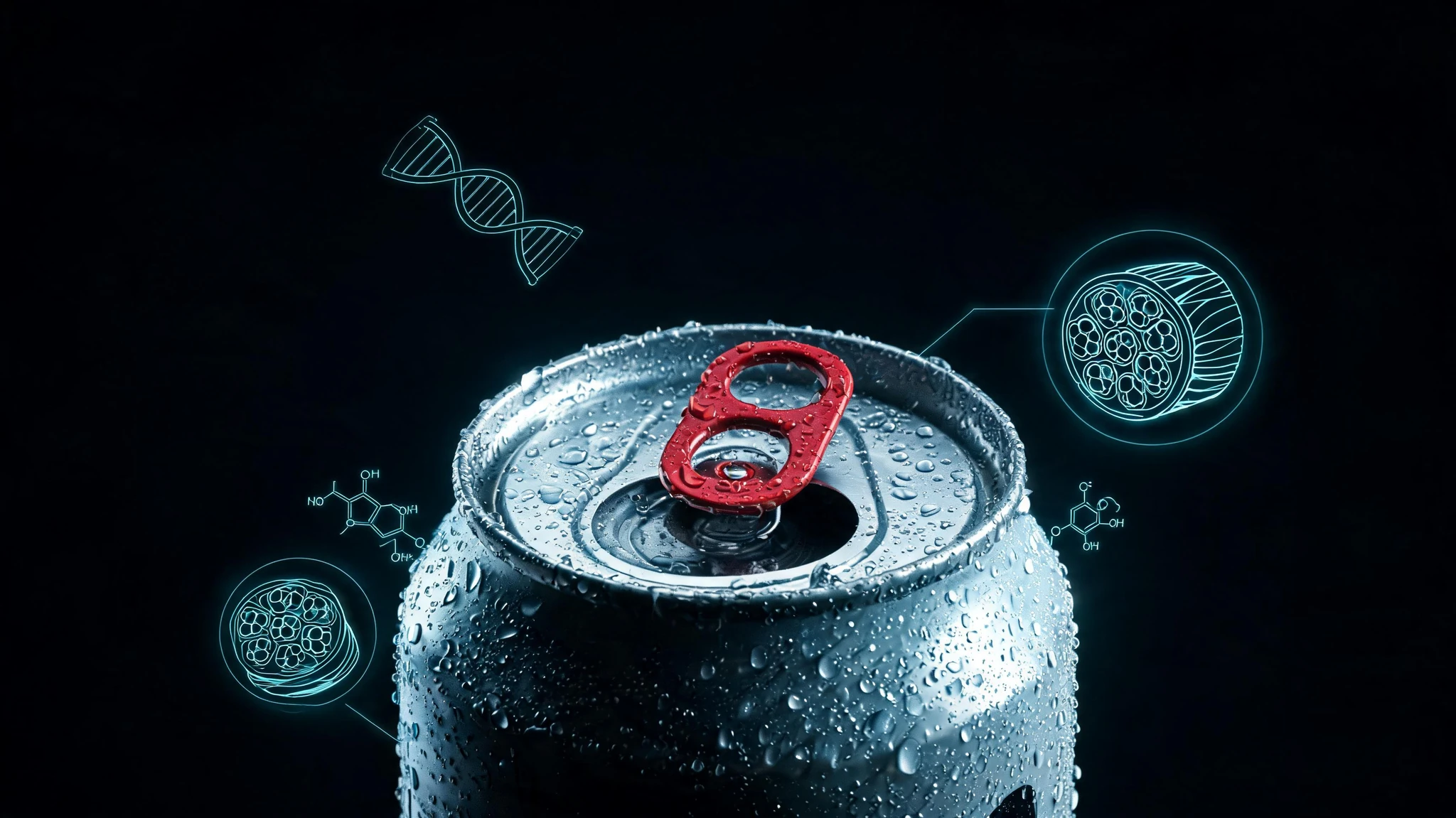 Close-up macro shot of an opened aluminum energy drink can lid, beaded with condensation droplets, the red pull-tab in sharp focus and slightly damp. The can sits against a deep matte-black background. Floating around the can are glowing translucent scientific overlays in cool electric blue and teal: a faint DNA double helix, a couple of skeletal-muscle fiber cross-section diagrams, and small molecular caffeine structures rendered as line art. No people, no text overlays, no logos, no watermarks. Composition centered on the can lid, with comfortable headroom and footroom so a 3:4 portrait crop still works