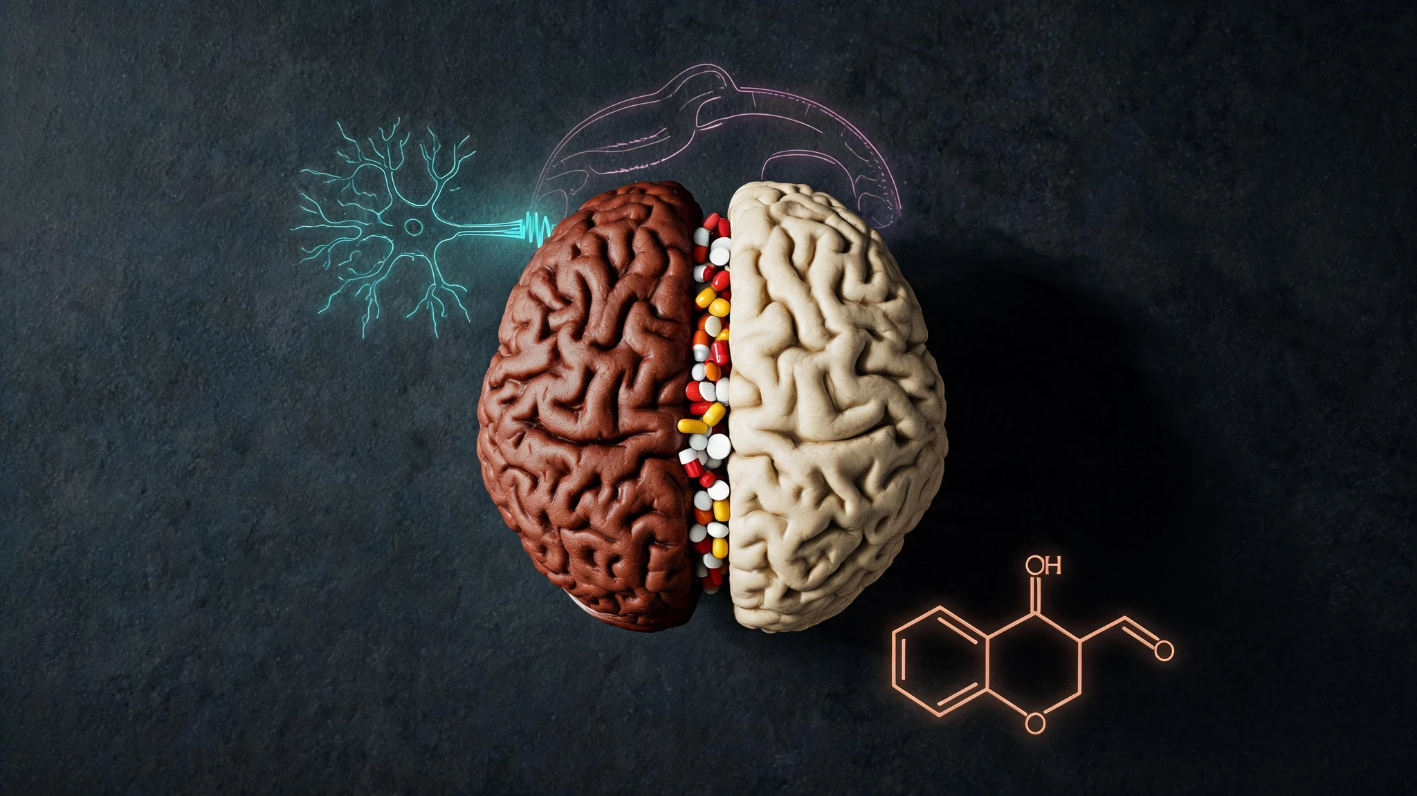A human brain split cleanly down the midline into two anatomical hemispheres, photographed from directly above on a matte charcoal-grey surface. The left hemisphere is rendered in deep mahogany and rust tones, the right in warm pale-cream and tan, both with realistic gyri and sulci textures. Between the two halves, a dense scatter of pharmaceutical pills (red, white, yellow, orange capsules and round tablets) cascades down the central fissure. Faint glowing scientific overlays float around the brain: a thin neon teal neuron firing diagram on the upper left, a translucent serotonin molecular structure in soft amber on the lower right, and a subtle dopamine reward-pathway schematic in pale magenta arcing over the top. No people, no text, no watermarks. Centered composition that survives a 3:4 portrait crop with the brain anchored in the middle third