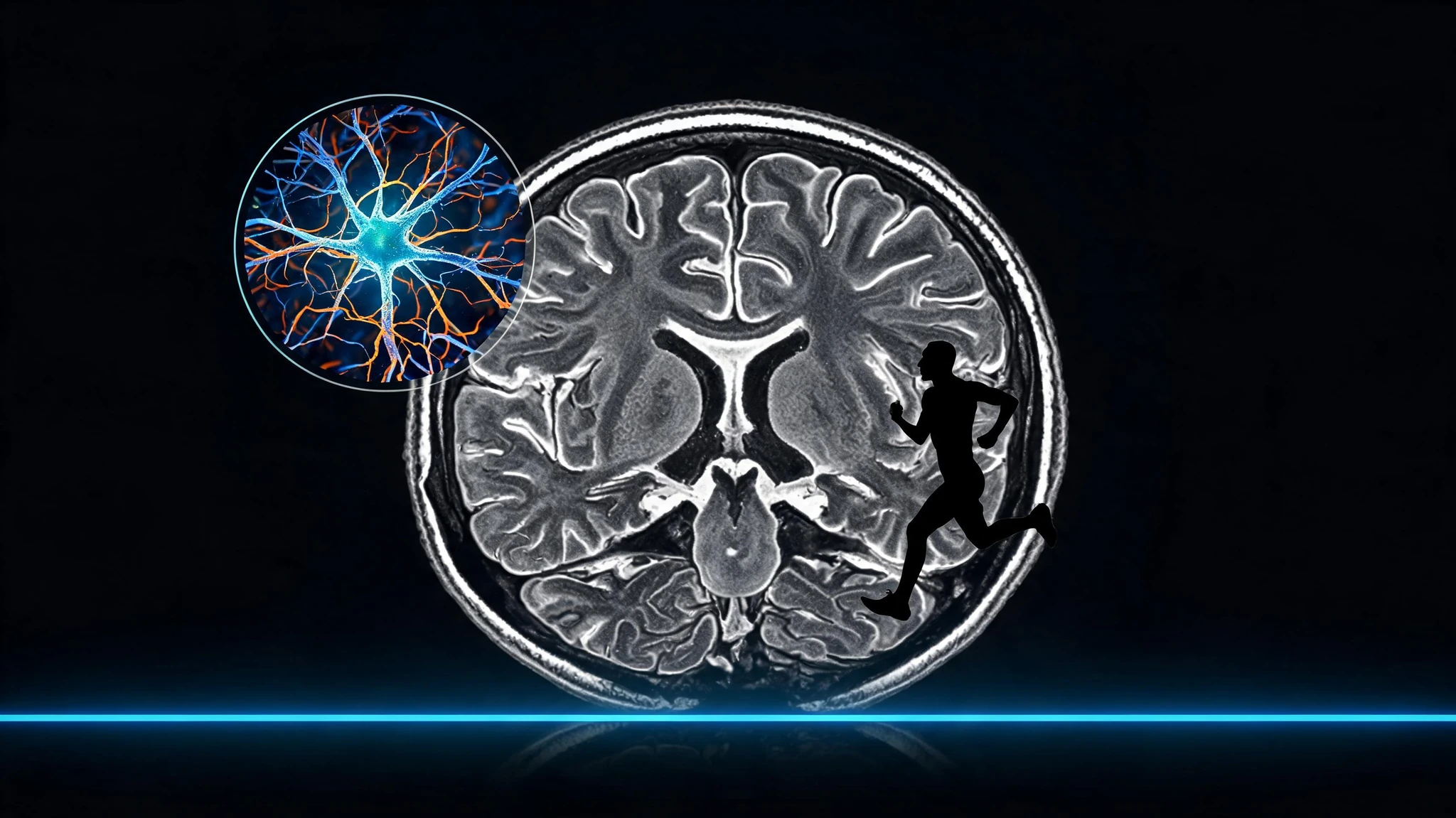 A horizontal-cross-section MRI scan of a human brain rendered in detailed silvery-white anatomical realism fills the frame, set against a deep black background. Superimposed in the lower-right portion of the brain is a clean black silhouette of a male runner mid-stride, lean adult build, in motion. In the upper-left, a circular inset shows a glowing scientific overlay: a network of bright blue and orange neurons with a luminous neuron cell body radiating teal energy, like a magnified microscopy view. A thin neon-blue horizontal energy line runs across the lower third of the composition. Strip away any text overlays or logos. Centered composition that survives a 3:4 portrait crop