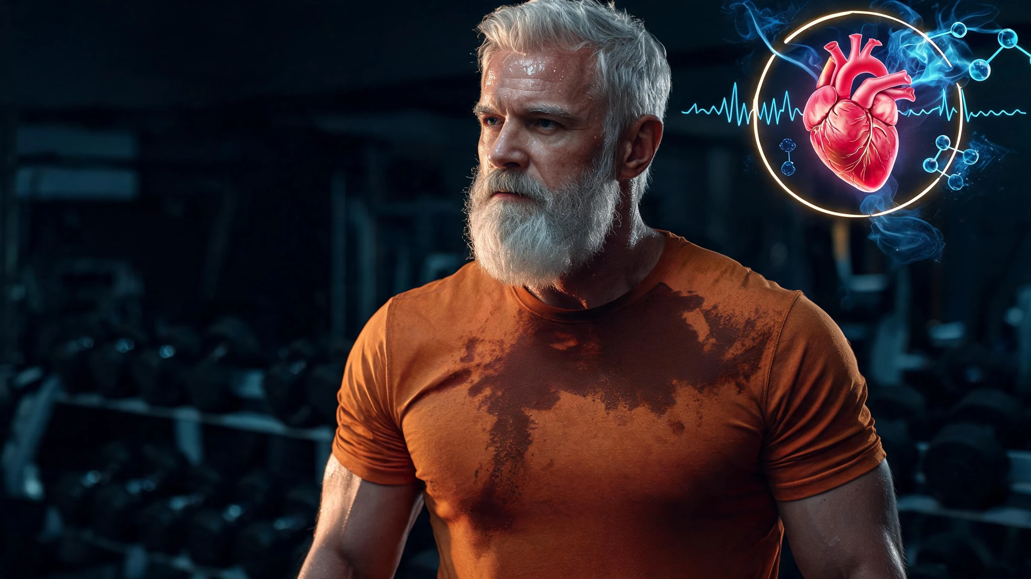 A Caucasian man in his early fifties with a long, thick, well-groomed silver-white beard and matching short silver hair, fair skin with a faint sheen of sweat across his forehead and chest, wearing a fitted burnt-orange short-sleeve athletic t-shirt darkened with sweat patches, captured mid-workout in a moody, dimly lit modern gym with blurred dumbbell racks behind him. To his upper right, a glowing anatomical heart rendered in vivid magenta and crimson floats inside a thin gold ring, surrounded by drifting electric-blue smoke and faint molecular structures and ECG-line overlays. The composition is centered on the man's torso and head with the heart graphic balanced in the upper-right corner so the subject survives a 3:4 portrait crop. No text, no watermarks, no logos