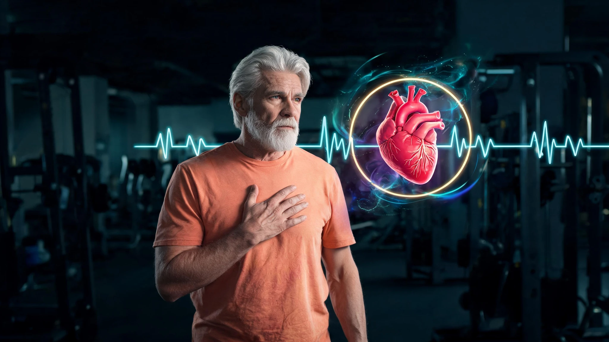 A Caucasian man in his early 50s with thick silver hair and a full white beard, weathered fair skin, wearing a faded orange cotton t-shirt, stands in a darkened modern gym with his right hand pressed flat against the left side of his chest. Beside him on the right, a glowing anatomically accurate human heart floats inside a thin gold circular halo, rendered in luminous magenta and crimson tones with visible coronary arteries. Wisps of teal and electric blue energy ripple around the heart and a faint vector overlay of a cardiac waveform crosses behind it. The composition is centered and tight, framed so the man and the heart remain inside a 3:4 portrait crop. No text overlays, no watermarks, no logos